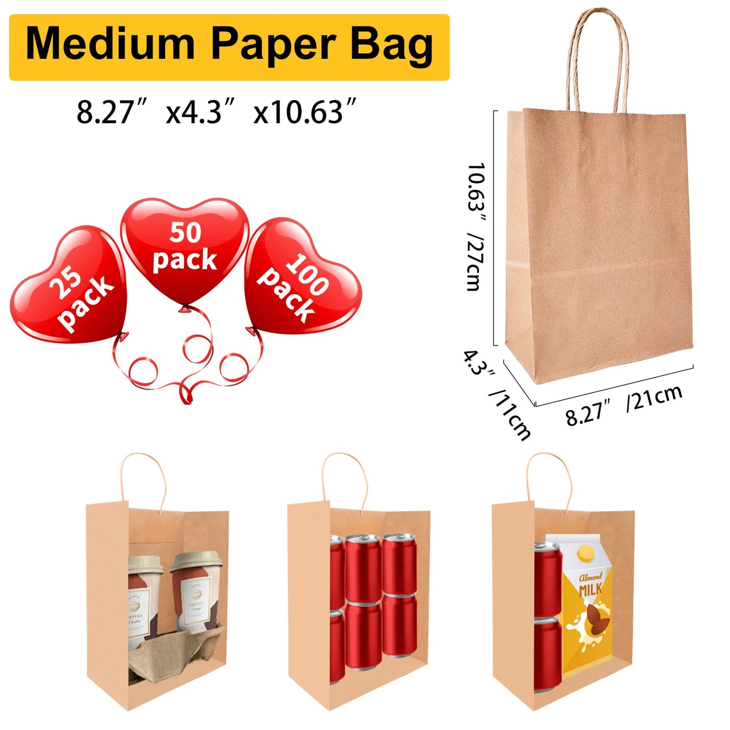 Brown Kraft Paper Gift Bags with Handles - 100 Pcs