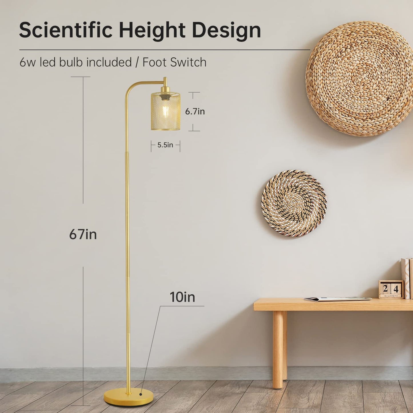 BoostArea Industrial Gold Floor Lamp, 67 Inch LED Standing Lamp with Iron Mesh Lampshade, 6W Brass Stand Up Lamp for Living Room, Bedroom, Office, Den