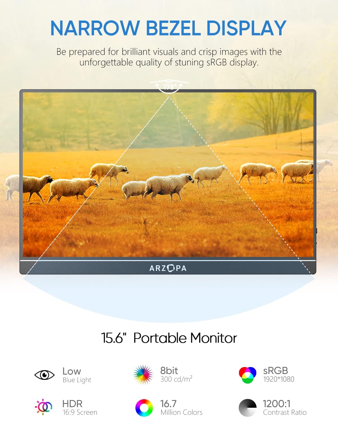ARZOPA Portable Monitor, 15.6'' 1080P FHD Laptop Monitor USB C HDMI Computer Display HDR Eye Care External Screen w/Smart Cover for PC Mac Phone Xbox Switch PS5-S1 Table