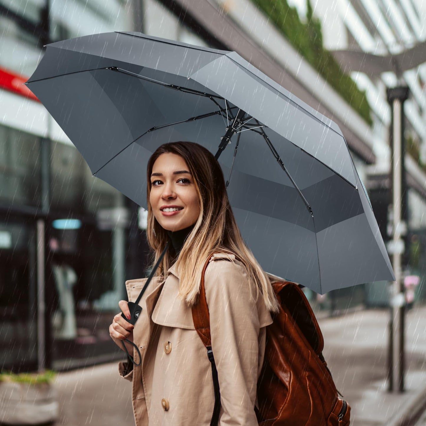 VELLUXE Portable Large Umbrella for Rain, Vented Windproof Double Umbrella, Foldable Golf Umbrella, Compact Travel Umbrella, Automatic Umbrella for adults, Grey Umbrella
