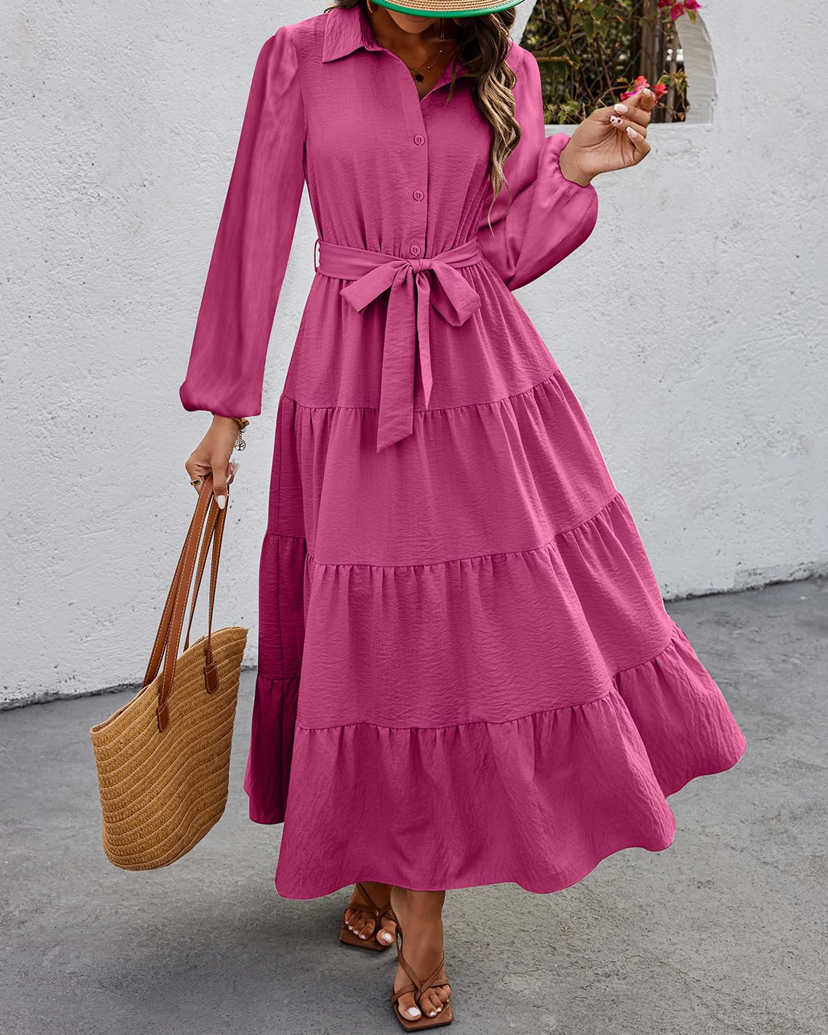dowerme Women's Long Sleeve Dress 2025 Button Down Belted A-Line Flowy Fall Outfits Ruffle Maxi Holiday Party Dresses(Rose Red,XX-Large)