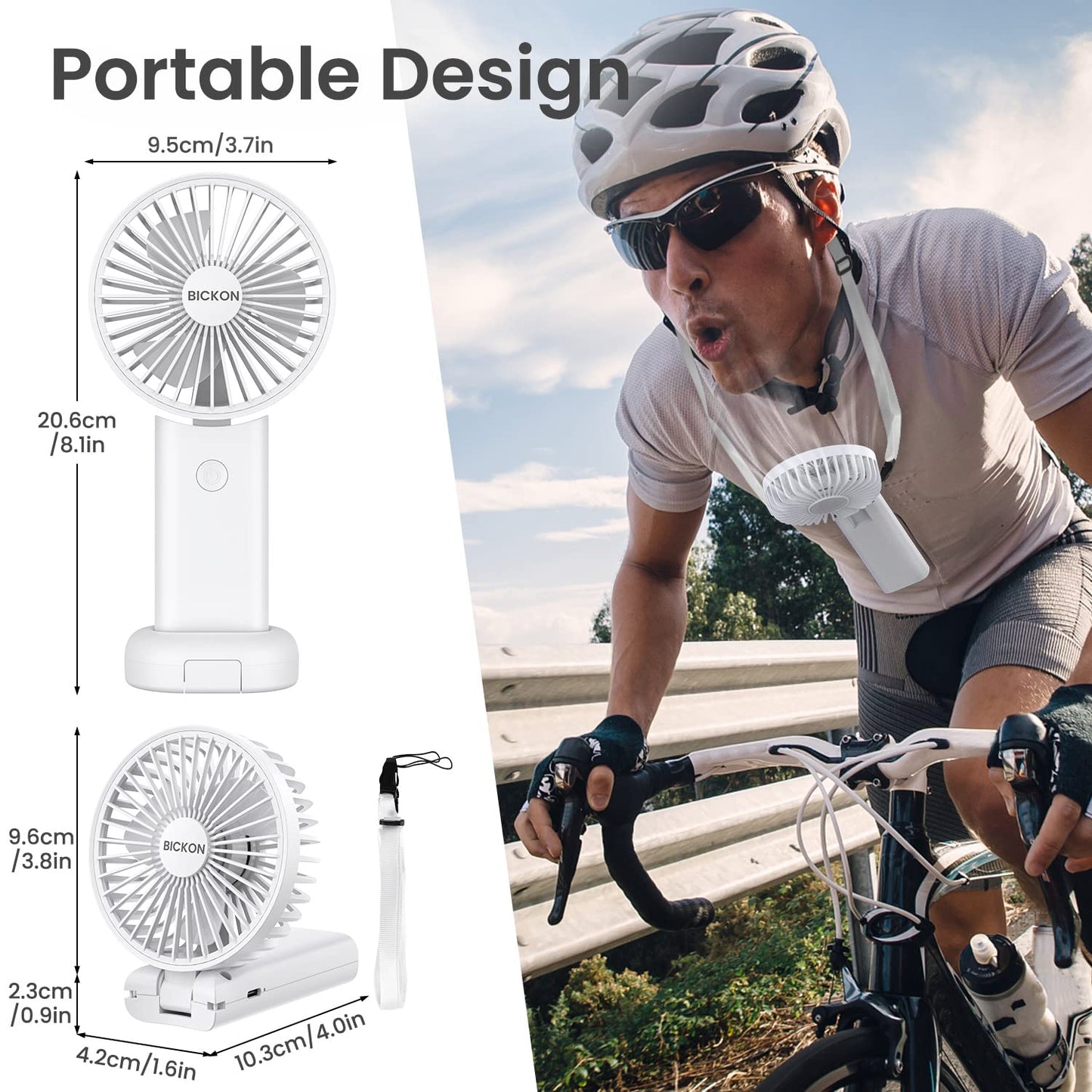 BICKON Handheld Fan, Portable Fan with USB Rechargeable Battery, 3 Adjustable Speed personal fan Desk Table fan with Base, Lightweight Makeup Fan for girls Women Kids, Travel, Outdoor Indoor Office