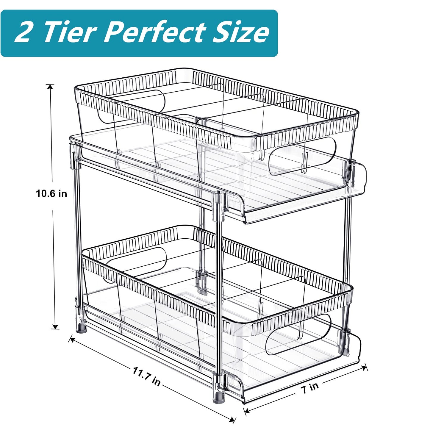 YOOMIDDA Bathroom Storage Organizer with Dividers, 2 Tier Multi-Purpose Kitchen Under Sink Organizers and Storage Slide-Out, Closet Organization, Kitchen Pantry Cabinet Medicine Bins