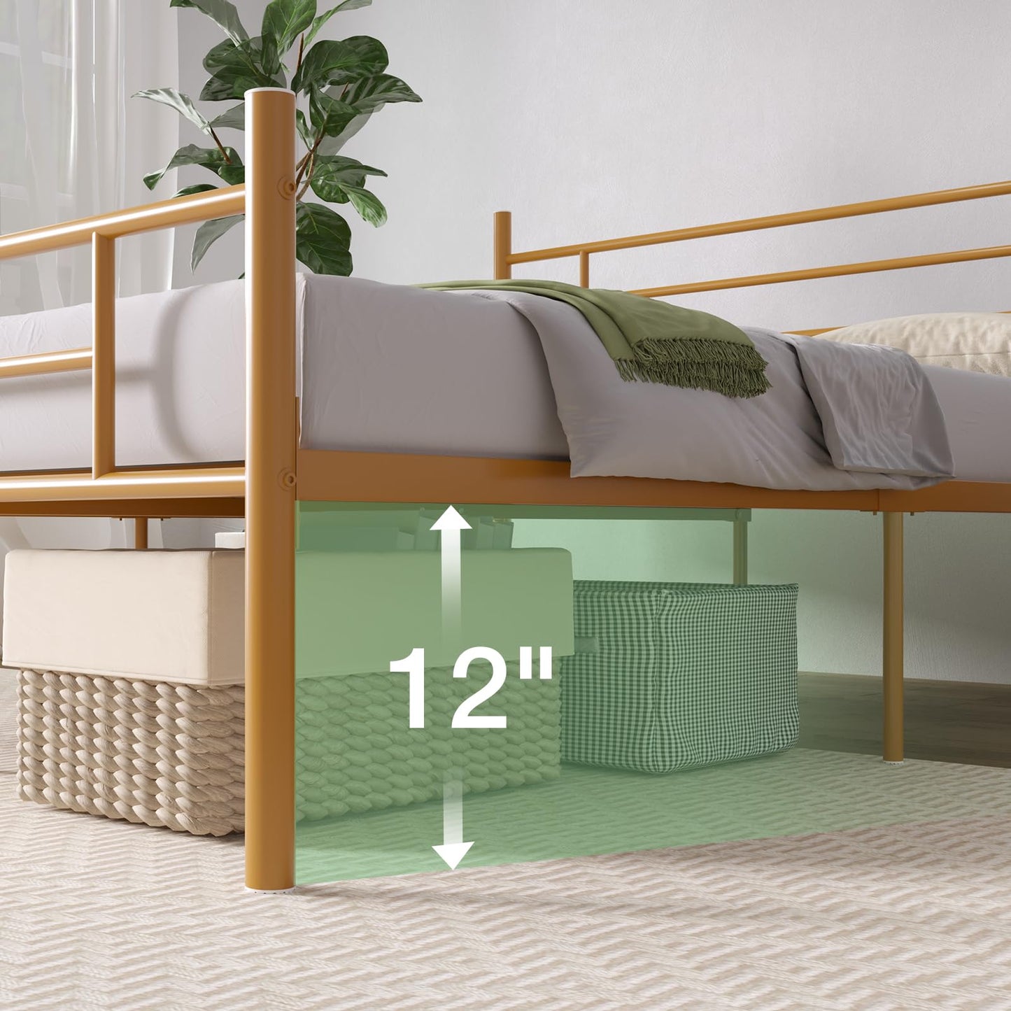 Novilla Queen Bed Frame with Headboard and Footboard, 14 Inch Metal Platform Bed Frame with Under Bed Storage, No Box Spring Needed, Strong Metal Slats Support, Gold