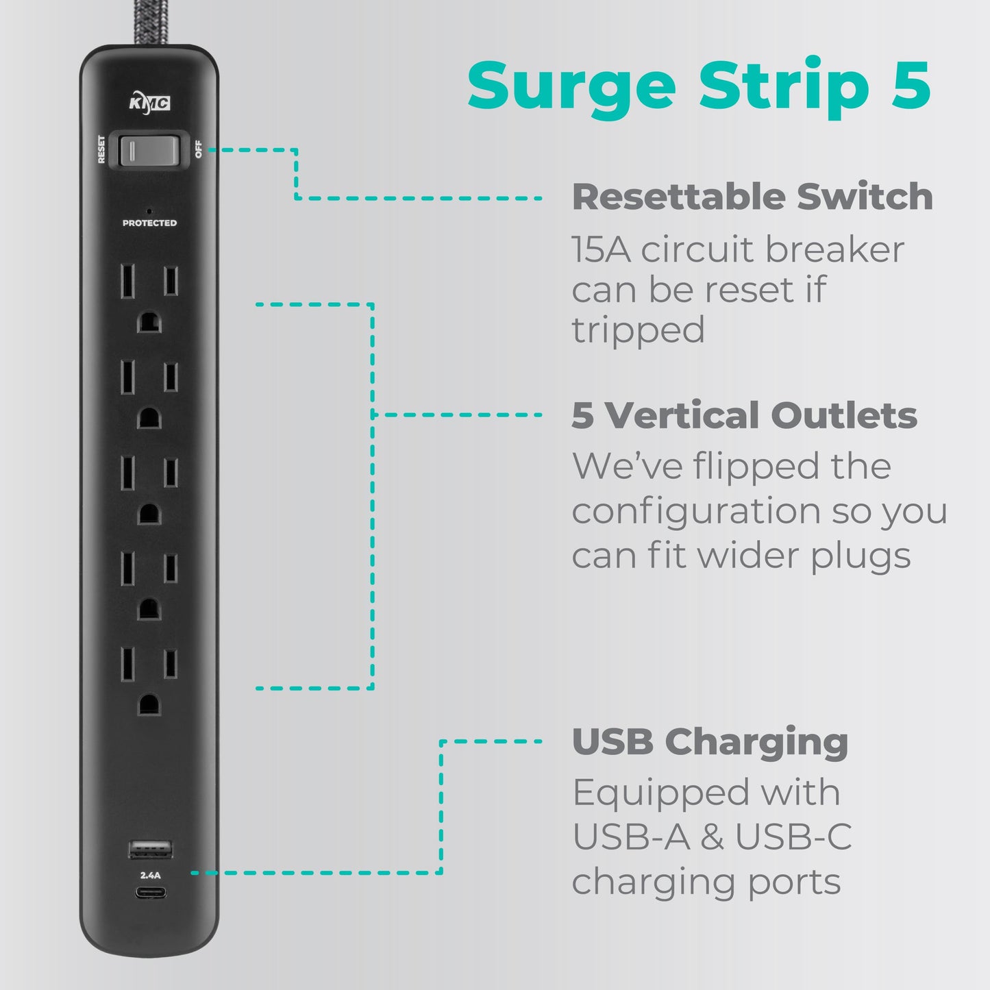 KMC 5-Outlet Surge Protector with USB Ports