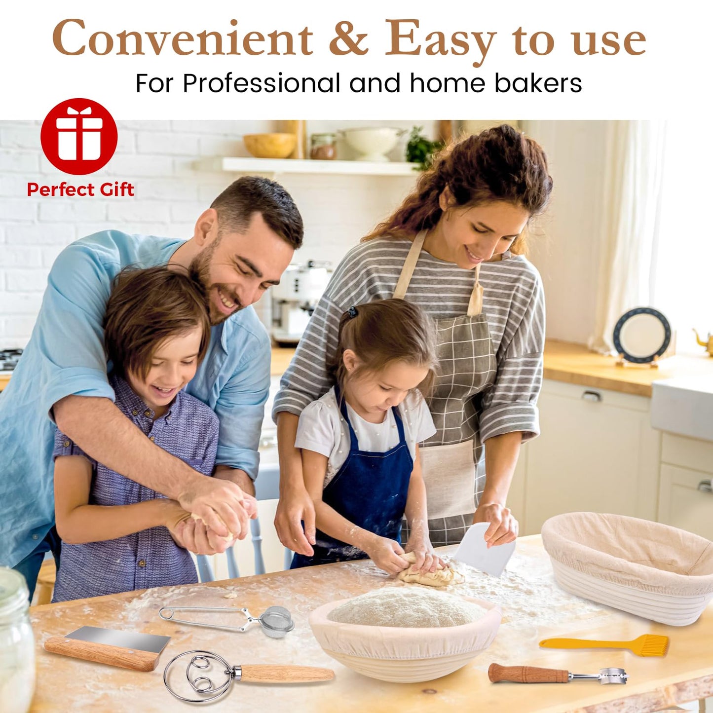 Banneton Bread Proofing Basket Set, Oirfaxs 10 Inch Oval & 10 Inch Round Sourdough Bread Baking Supplies Proofing Basket with Bread Lame,Danish Dough Whisk,Bowl& Dough Scrapers, Complete Baking Gifts