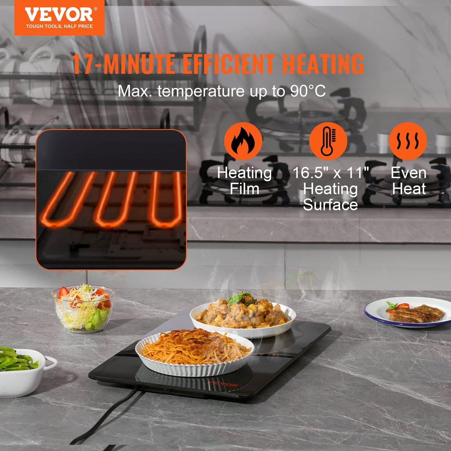 VEVOR Electric Warming Tray, Food Warming Trays for Buffet, Fast Heating Warming Trays, Portable Tempered Glass Heating Tray, ETL, 16.5" x 11"