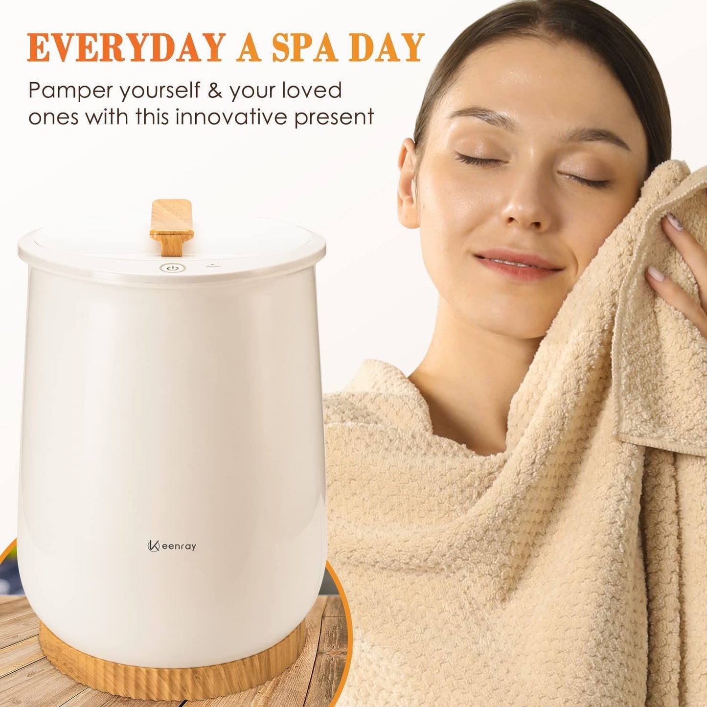 Keenray Bucket Style Towel Warmers, Luxury Bucket Towel Warmer, Large Towel Warmer for Bathroom, Auto Shut Off, Fits Up to Two 40"X70" Oversized Towels, Bathrobes, Blankets, PJ's and More, White, CL1