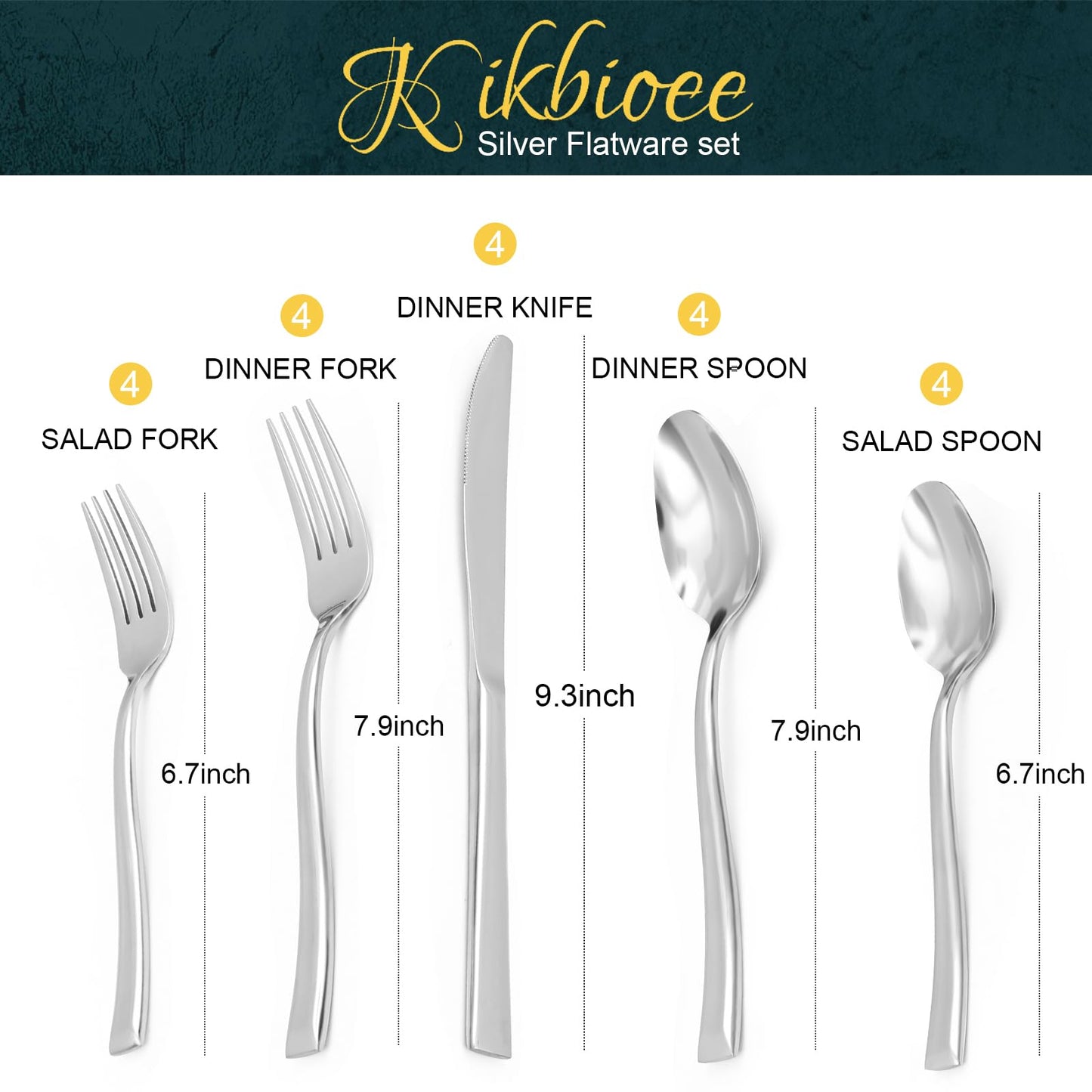Kikbioee 20-Piece Silverware Set, Forged Stainless Steel Cutlery Set, Bevel Handle Flatware Set, Modern Mirror| Dishwasher Safe| Service for 4