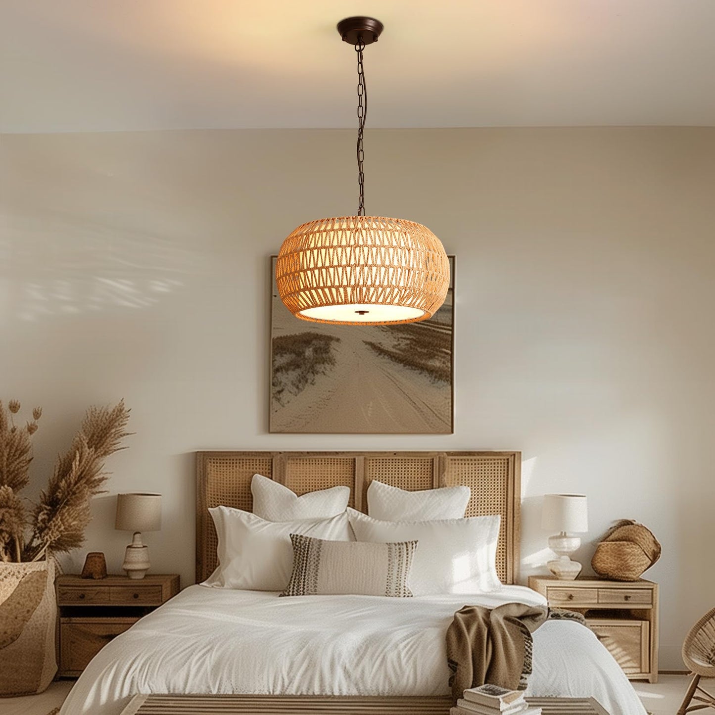 7PMBEANE Rattan Chandeliers for Dining Room, 5-Lights Woven Wicker Boho Chandelier Light Fixture with Fabric Shade,Rustic Pendant Light for Kitchen Island Bedroom Living Room
