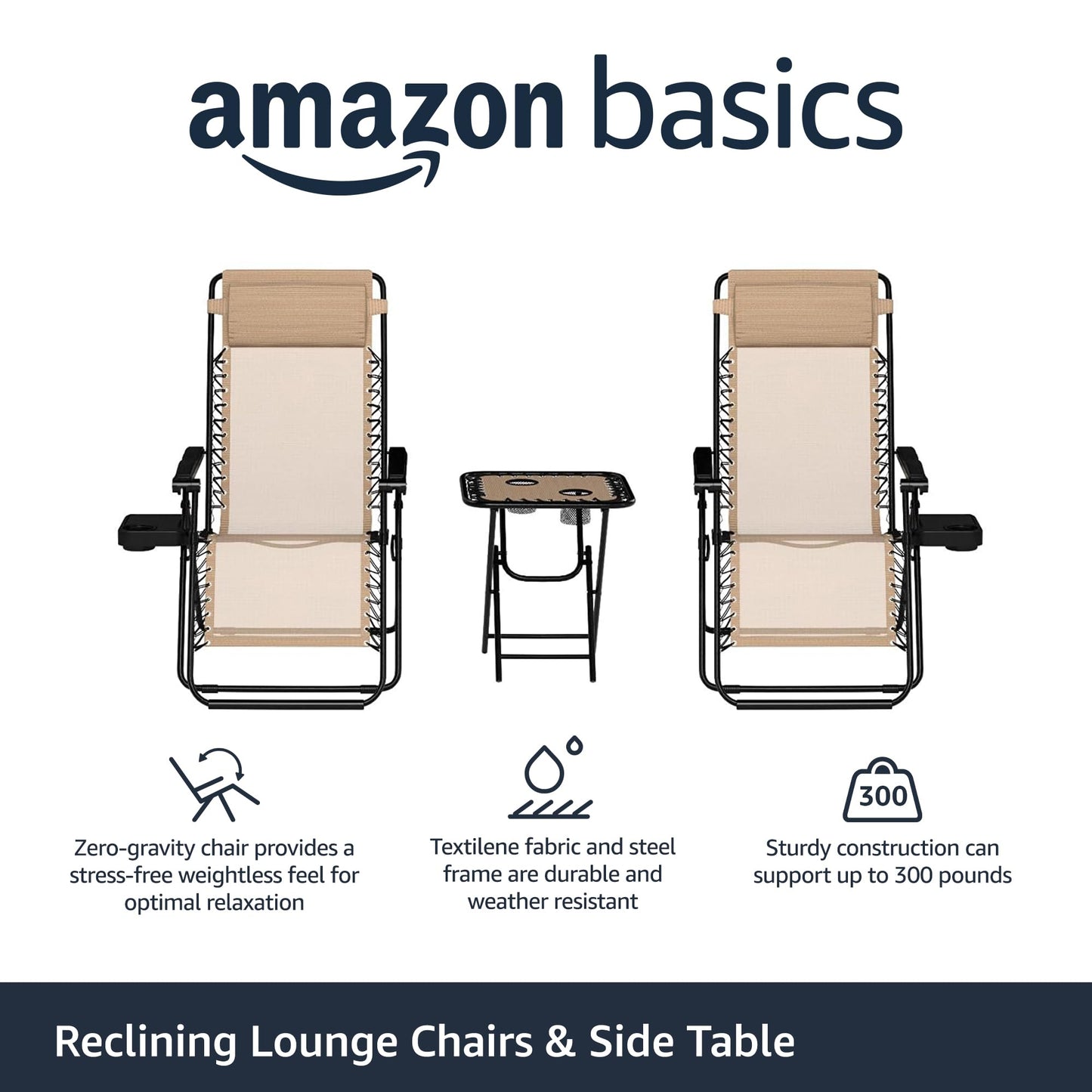 Amazon Basics Outdoor Mesh Adjustable Zero Gravity Lounge Chair Recliners with Side Table, 35 x 26 x 43 inches, Beige