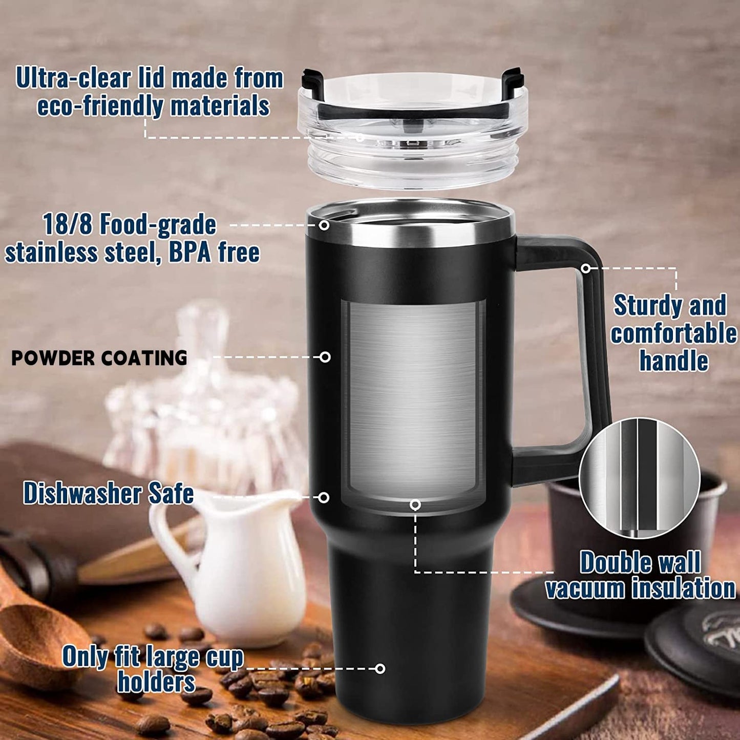 40oz Insulated Travel Mug with Handle & Straw