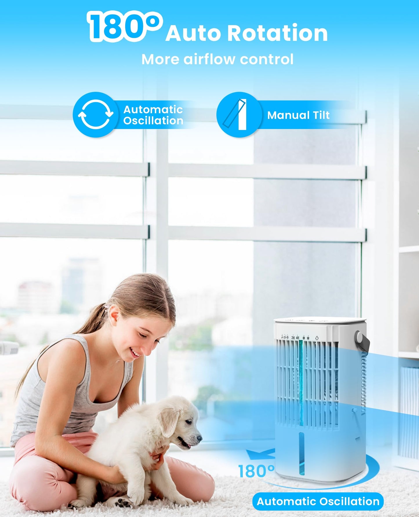 Latitop Portable Air Conditioners Fan, Air Cooler Evaporative 180°Auto Rotation, 3 Wind Speed, 2-4H Timer, Mini Cooling Fan for Room Home Bedroom Office