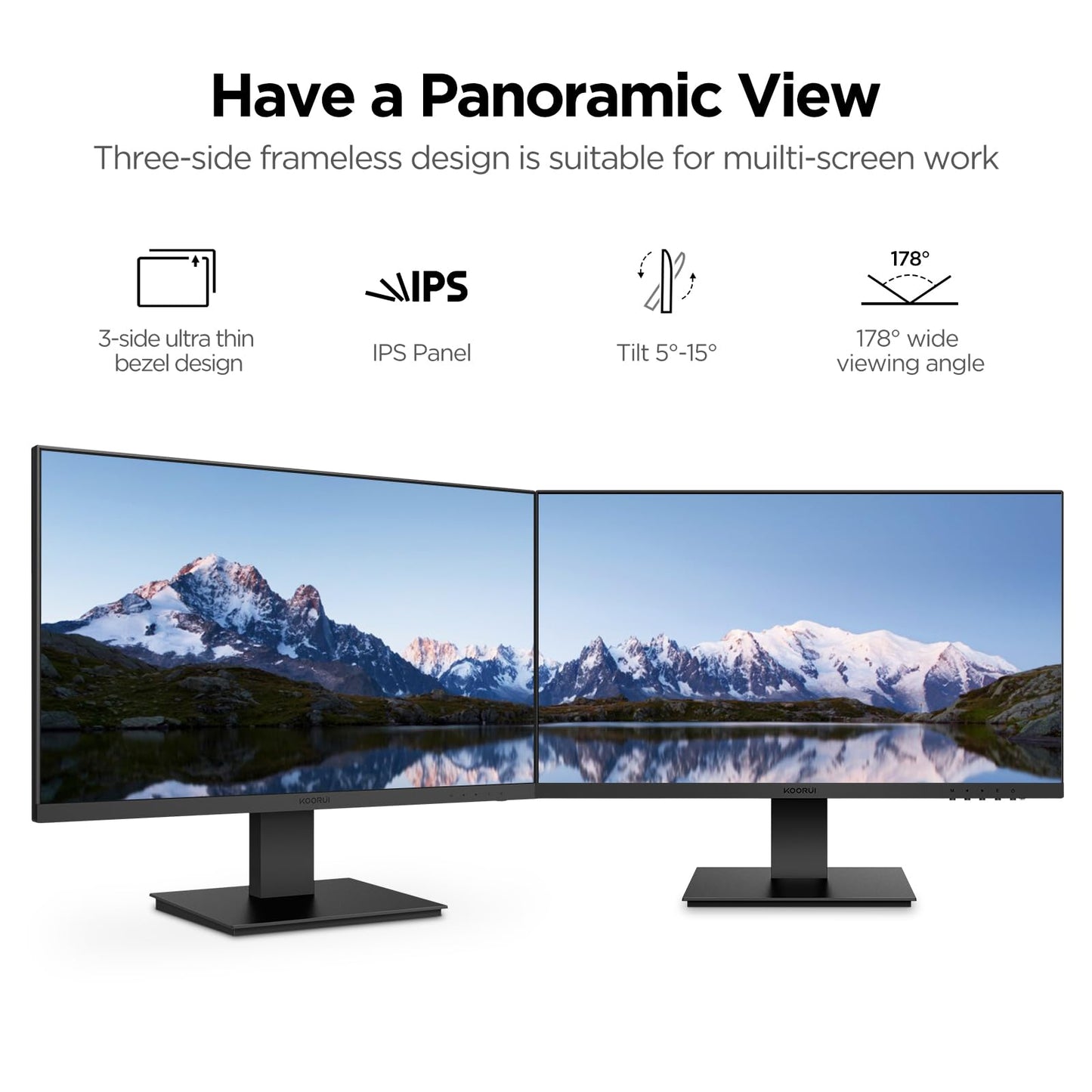 KOORUI 24 Inch Computer Monitor, FHD 1920 x 1080p Office PC Monitor IPS Display 75Hz, HDMI, VGA, VESA Mountable, Frameless, Eye Protection and Ergonomic Tilt Adjustment, Black