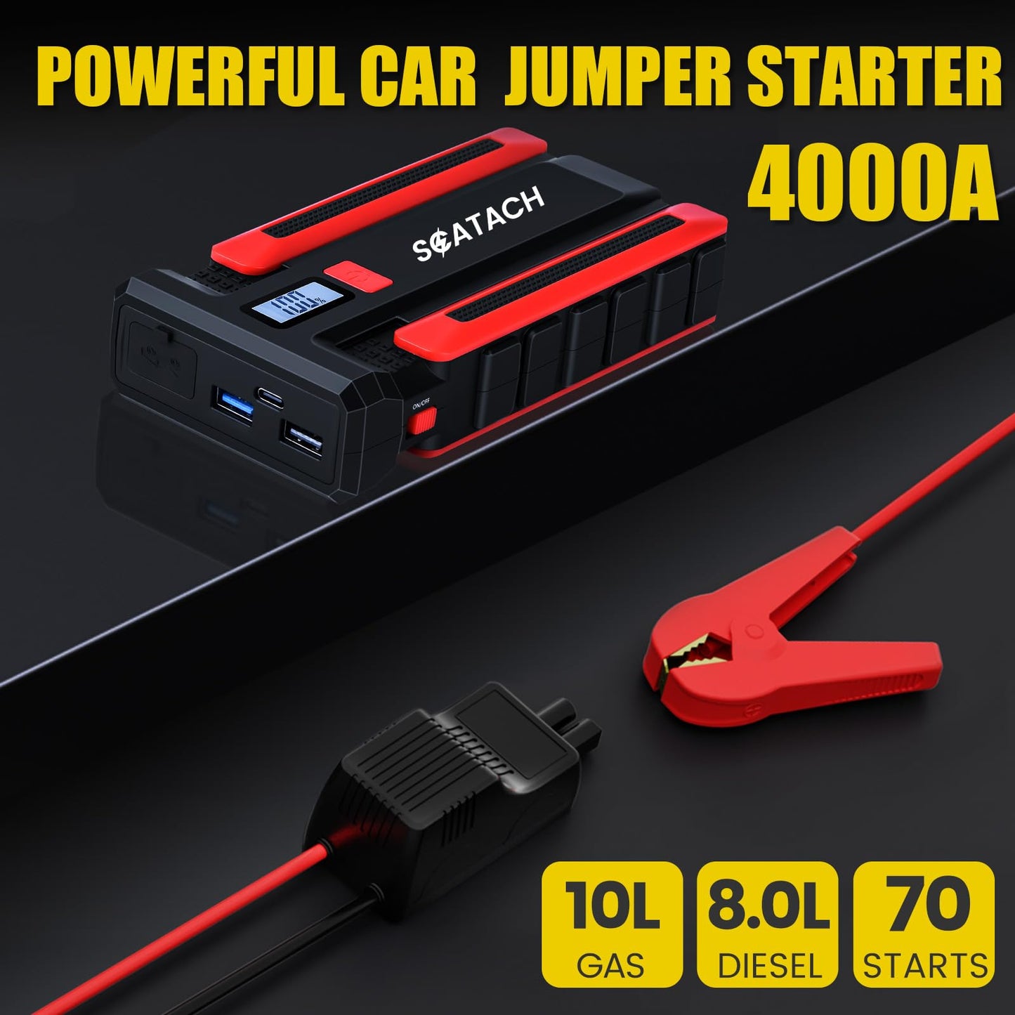 Scatach 002 4000A Car Battery Jump Starter,12V Jump Starter Battery Pack (up to 10.0L Gasoline and 8.0L Diesel Engine), Portable Jump Box with LED Display, 3 Modes Flashlight and Jumper Cable