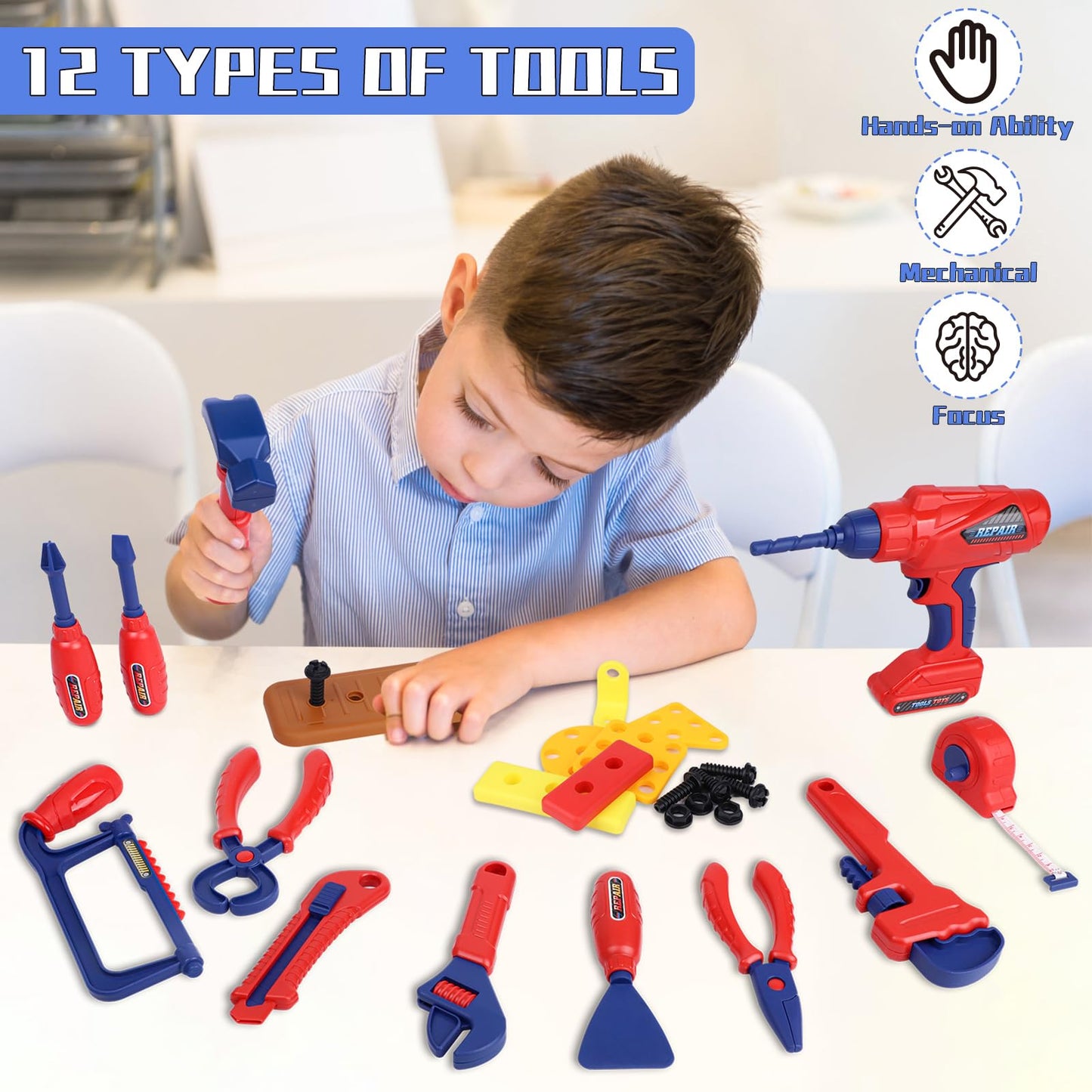 Magic4U Kids Tool Set, 49PCS Toddler Tool Set with Electronic Toy Drill,Tape Measure 12 Tool Equipements,Pretend Play Construction Coustume with Safety Vest Hat,Toy Tool Box for Kids Boy Girl Age 3-8