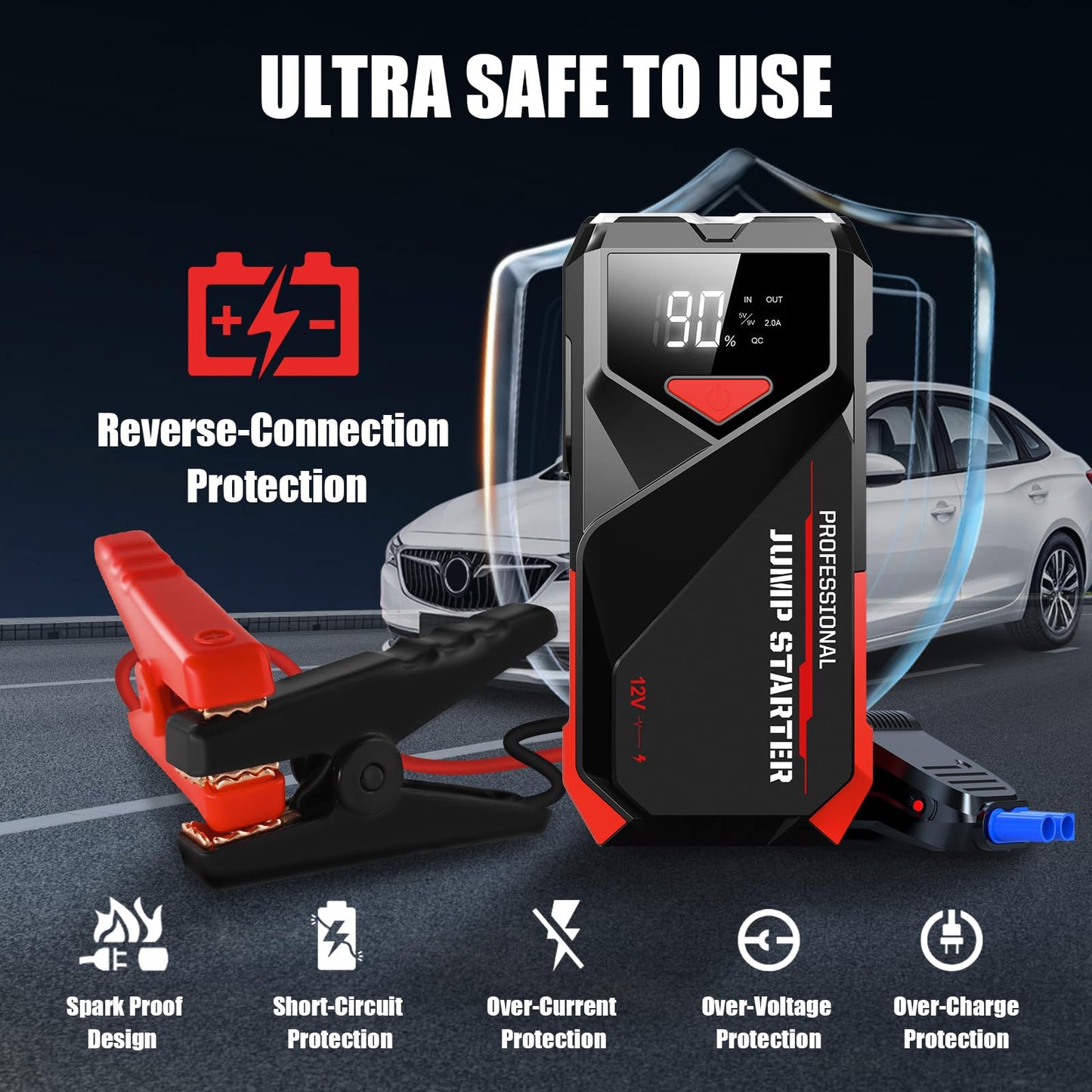 2500A PowQ Car Jump Starter with Flashlight