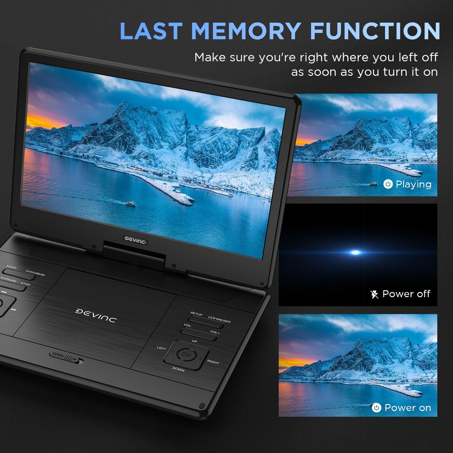 DEVINC 16.9" Portable DVD Player with 14.1" Large HD Screen, Support Multiple DVD CD Formats/USB/SD Card, 6 Hours Rechargeable Battery, Sync TV, Dual Speakers, Car DVD Player, Regions Free
