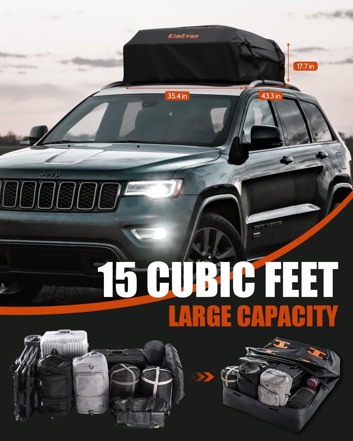 Kimevan Waterproof Rooftop Cargo Carrier, Upgrade Waterproof Design Luggage Roof Rack Soft Cargo Bag 15 Cubic feet for All Cars with/without Rack, includes Anti-Slip Mat, 2 Reinforced Straps