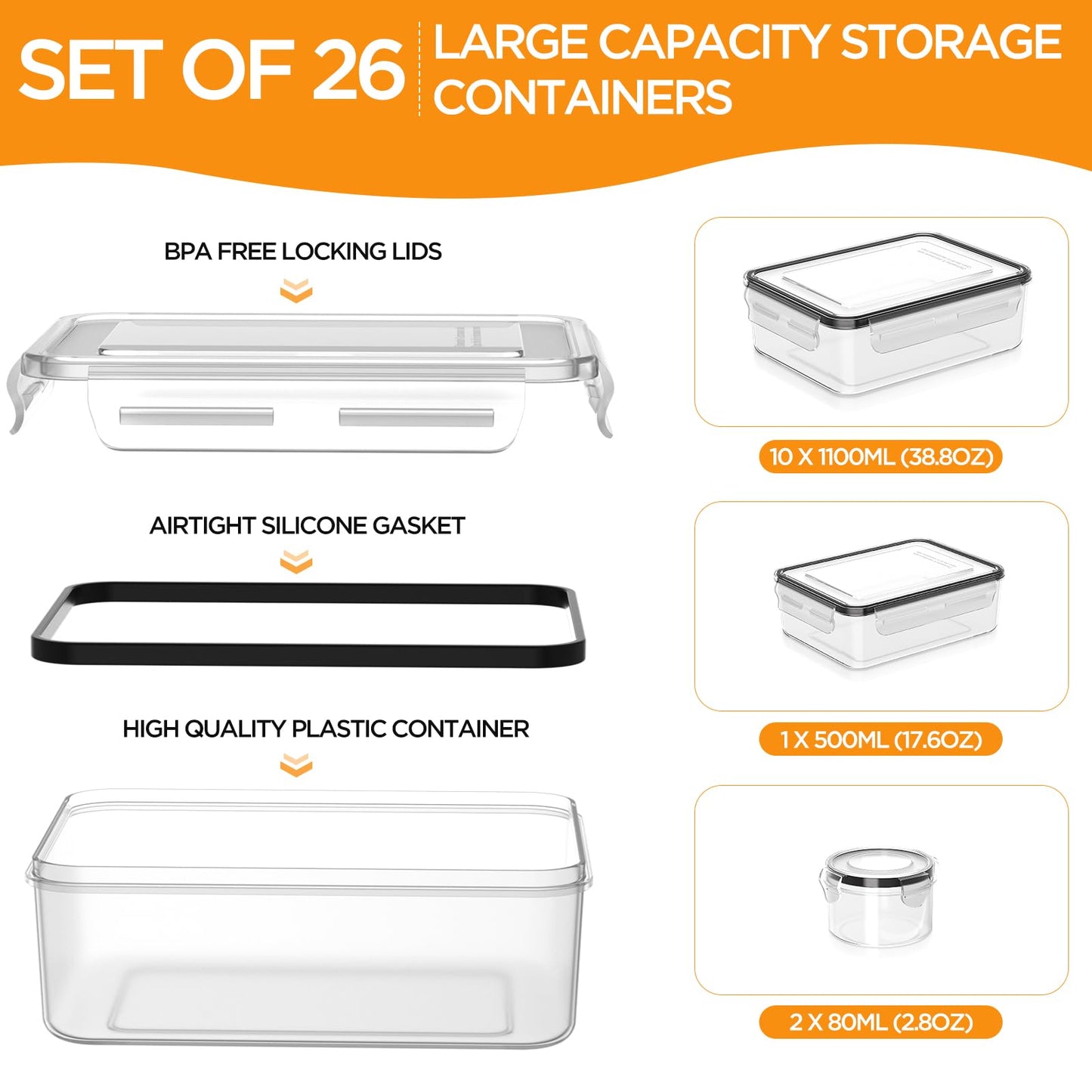 HOMETALL 26 Pcs Food Storage Containers with Lids Airtight(13 Containers & 13 Lids), Plastic Meal Prep Containers Reusable for Kitchen Organization, BPA-Free, Leak Proof with Labels & Marker Pen