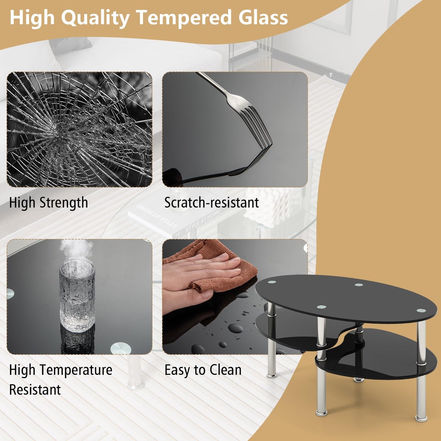 Giantex Oval Glass Coffee Table with Chrome Legs
