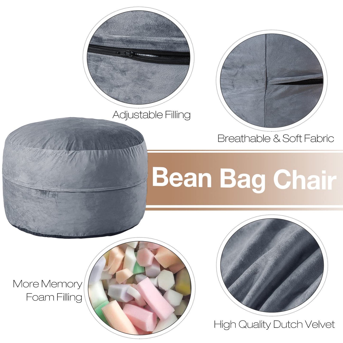 WhatsBedding 3 ft Bean Bag Chairs for Adults/Teens with Filling, Medium Bean Bag Sofa with Memory Foam, Furniture Bag with Soft Dutch Velvet Cover, Dark Gray, 3 Foot