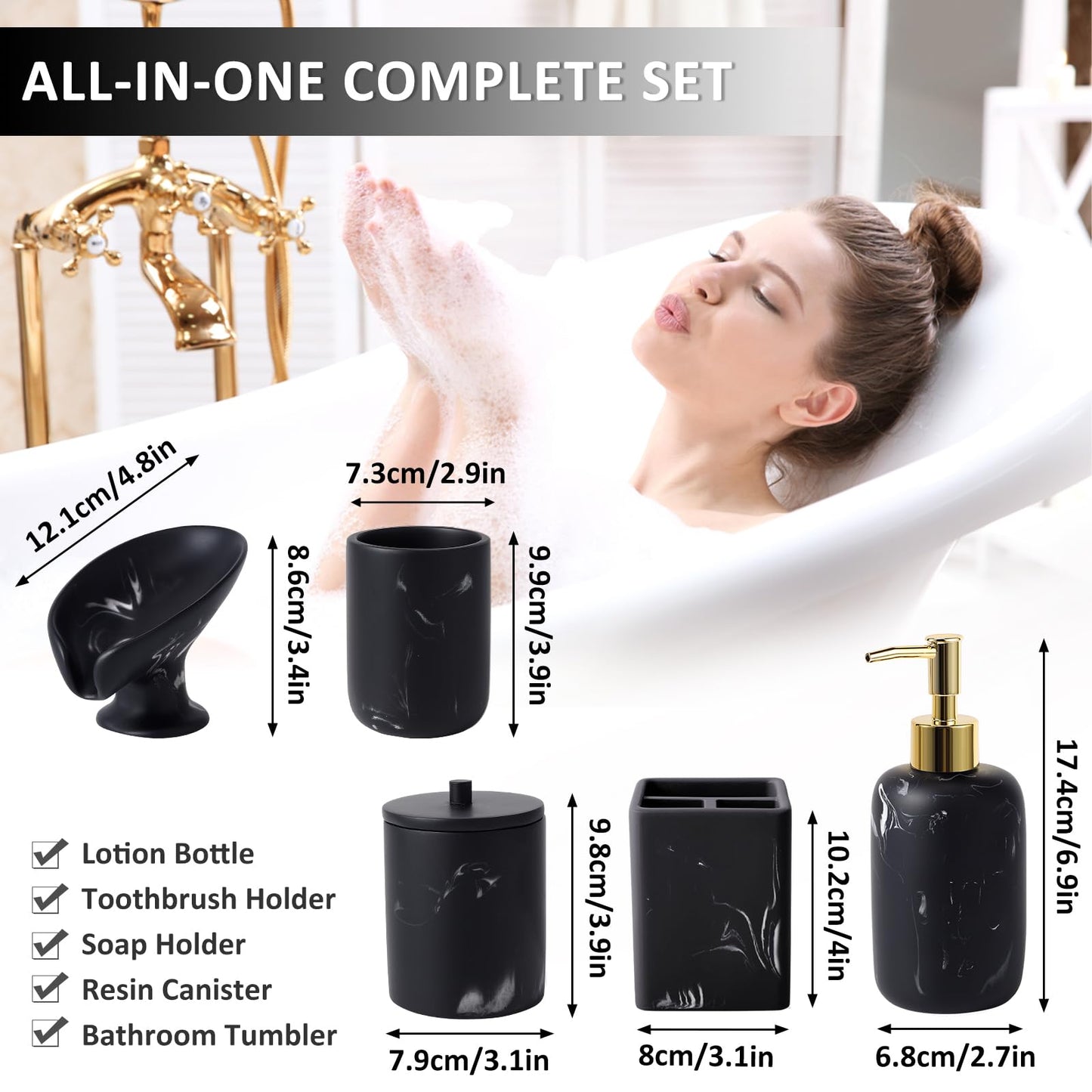 Black Marble Bathroom Accessories Set - 5 Pieces