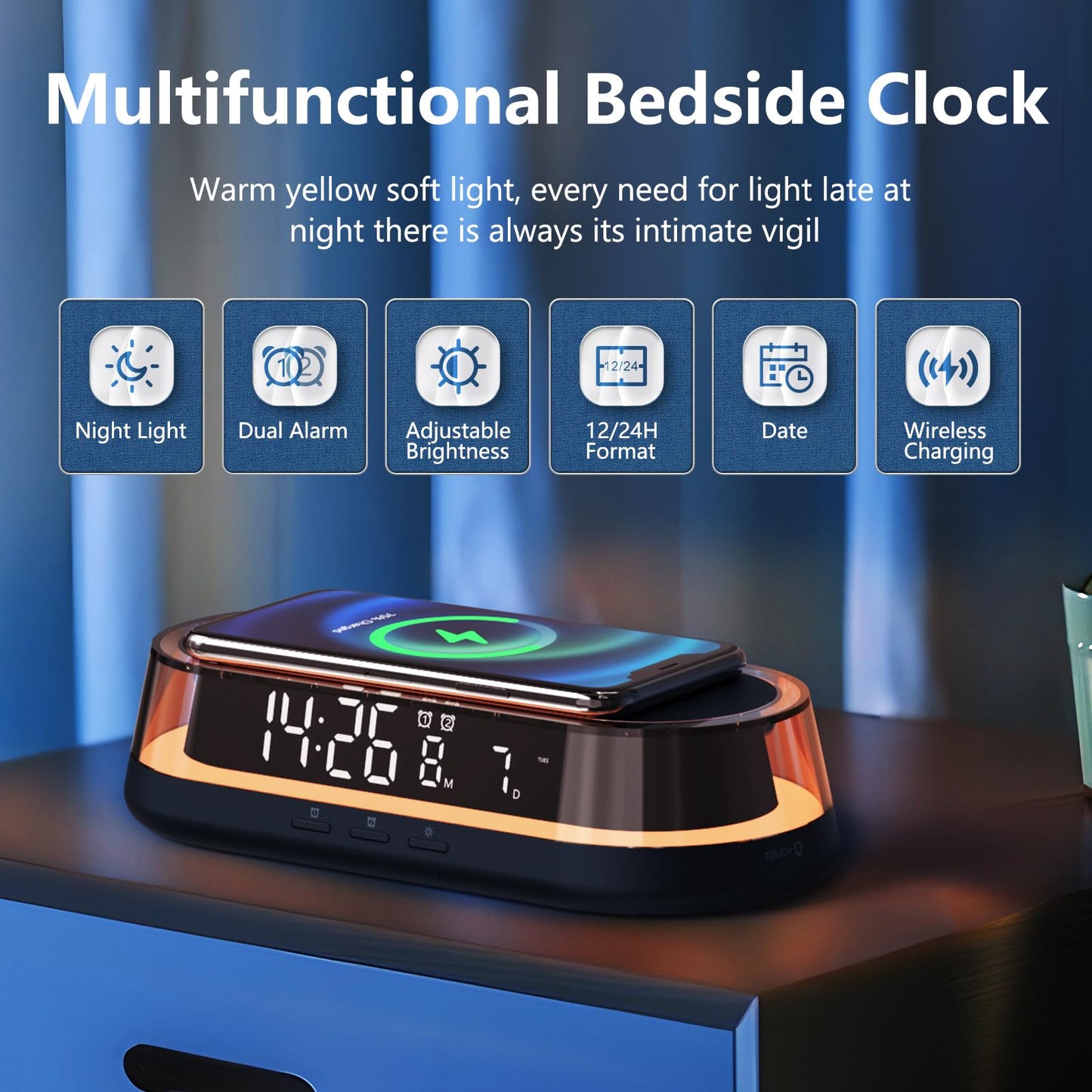 VOILEIPAGI Alarm Clock with Wireless Charging, Alarm Clock for Heavy Sleepers Adults, Smart Clock with Night Light,Snooze, Date, Bedside Digital Dual Alarm Clock, Alarm Clocks for Bedrooms Black