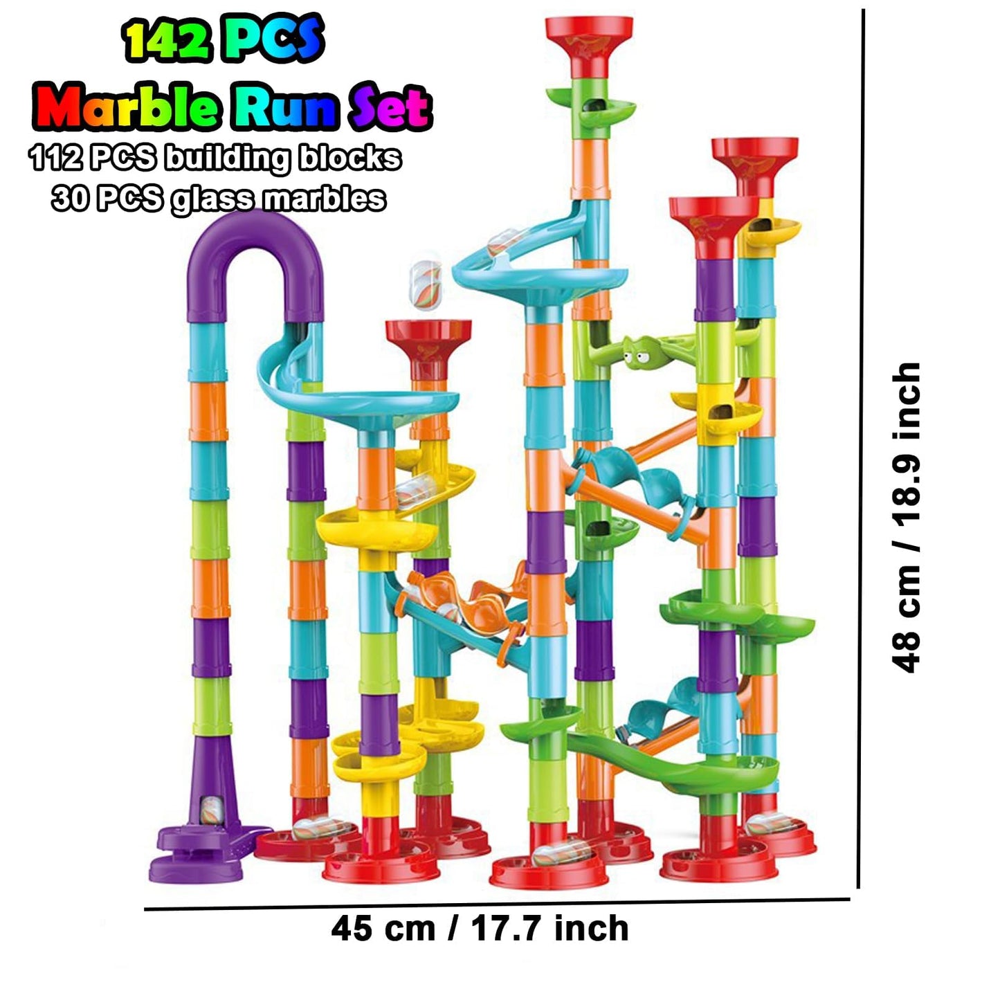 Marble Run Set, 142 Pcs Marble Race Track for Kids with Glass Marbles Upgrade Marble Works Set, Maze Game DIY Educational Playset Birthday Gift for Ages 3+