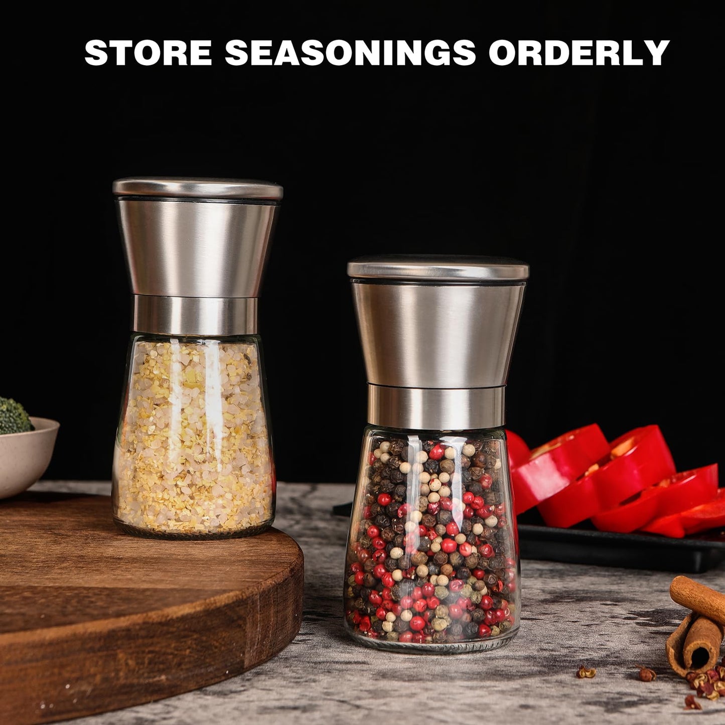 LIVITUP Salt and Pepper Grinder Set Refillable, Salt Pepper Grinder Shaker Stainless Steel Glass Pepper Mill with Adjustable Coarseness