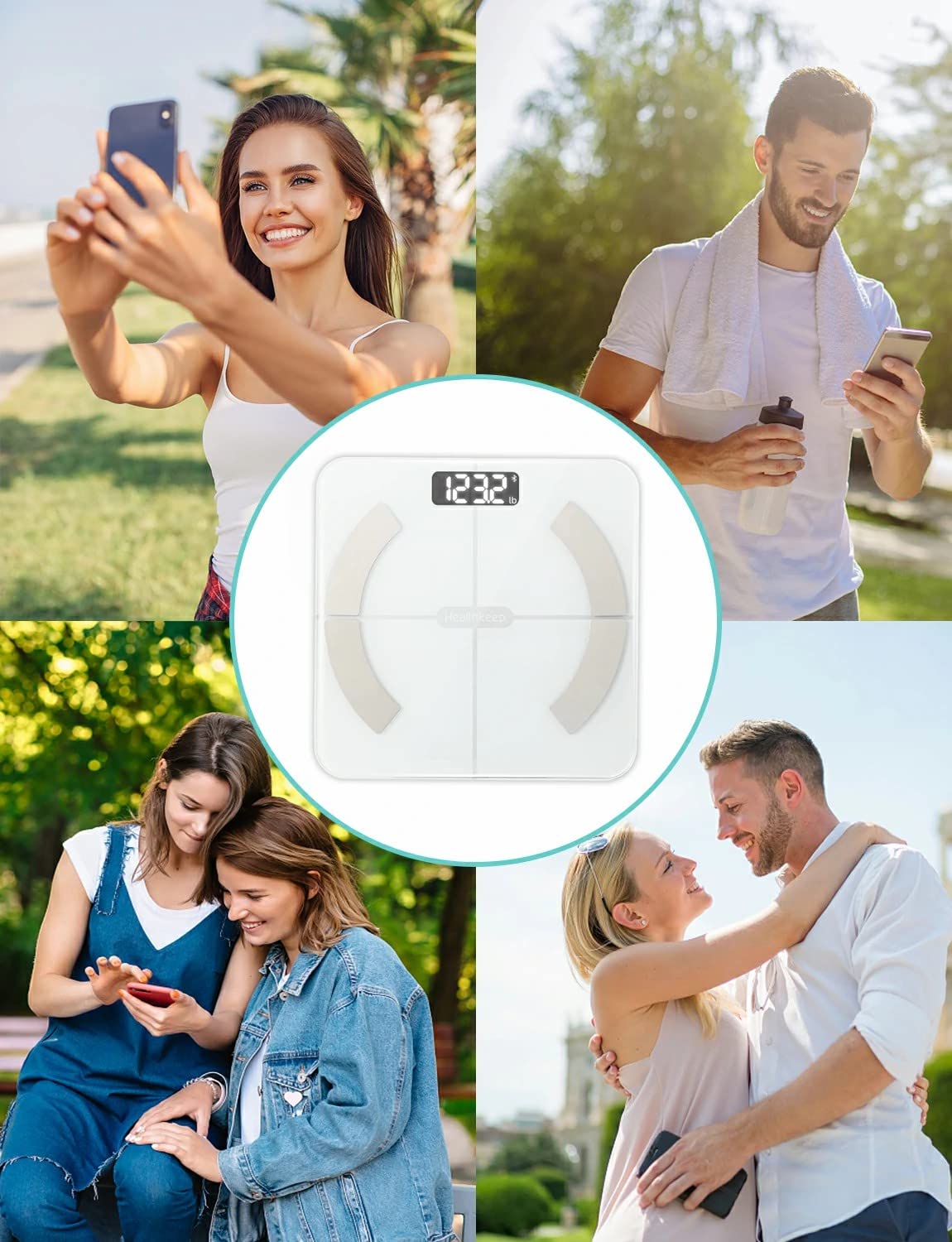 Healthkeep Smart Body Fat Scale with 13 Body Composition Metrics, Smart Digital Bathroom Weighing Scale Compatible with iOS Android, Max 400lbs/180kg, 26 * 26cm