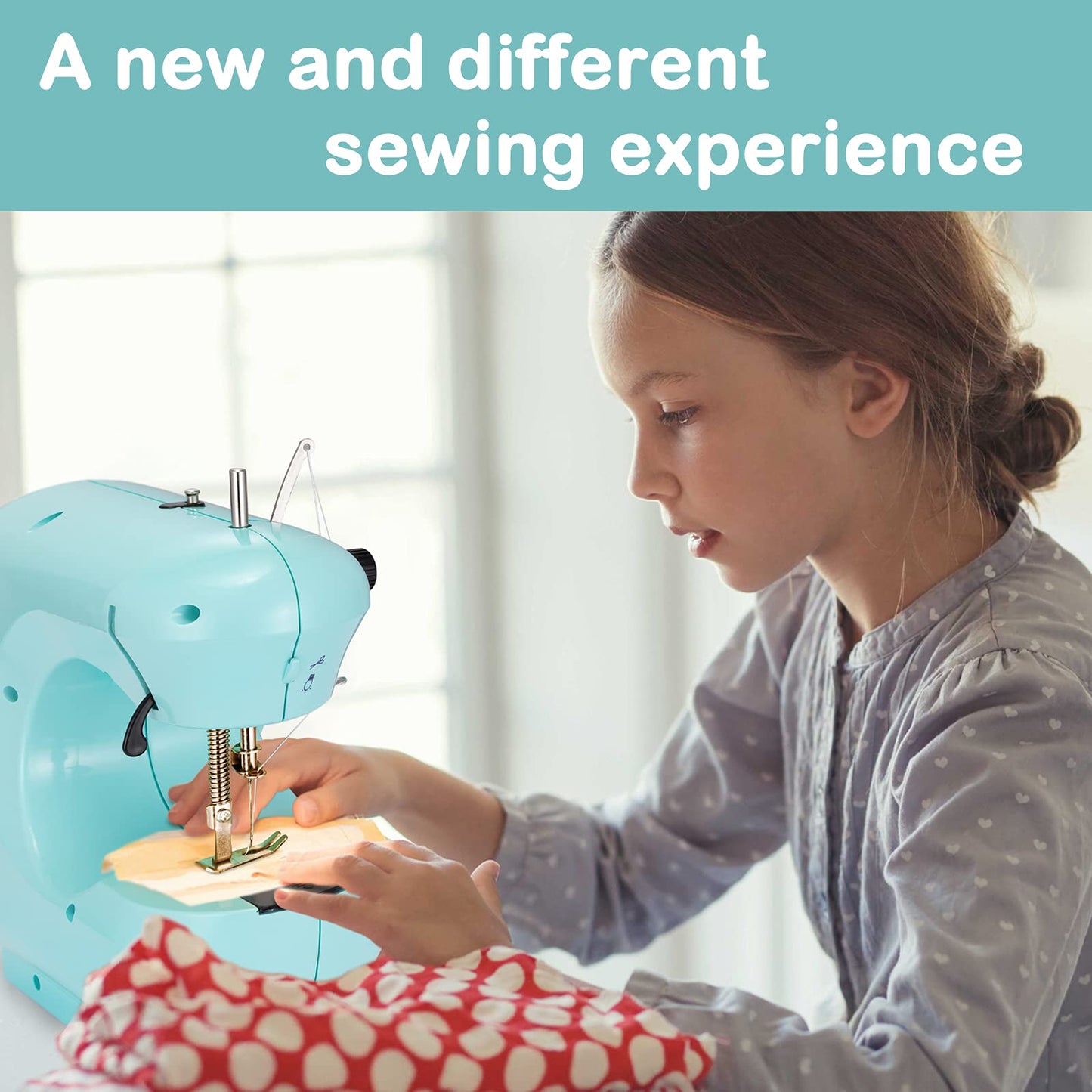 DenniesCare Mini Sewing Machine Handheld Sewing Machine for Beginners Sowing Machine with Extension Table Light Sewing Kit Sewing Products Cyan Sky