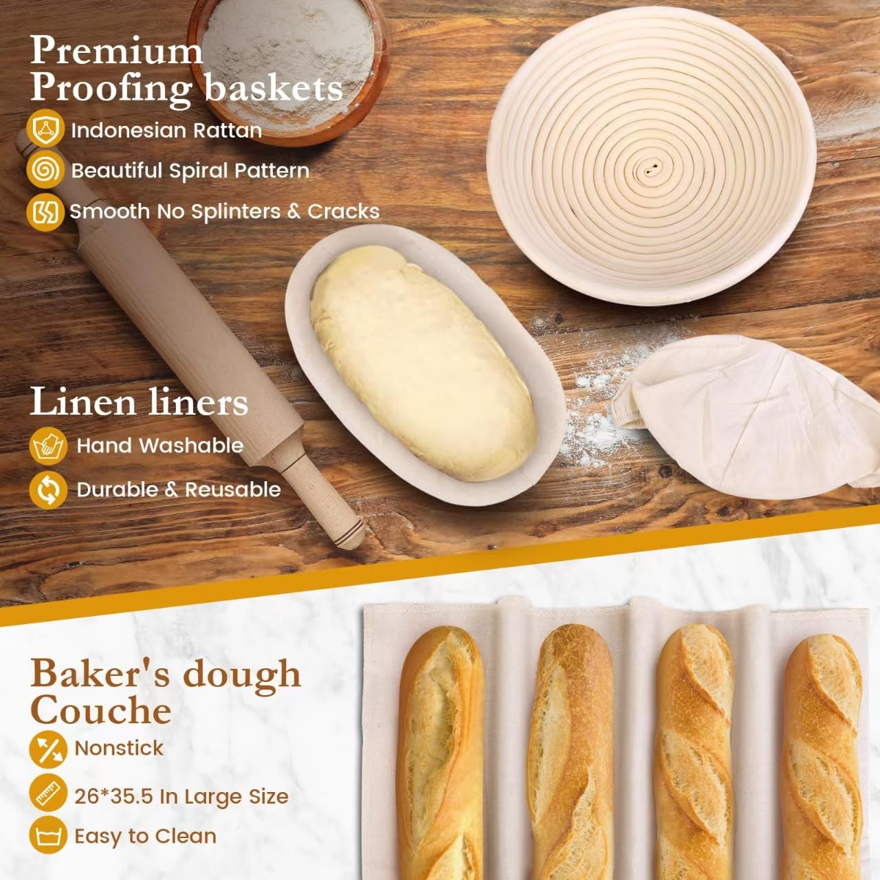 Banneton Bread Proofing Basket Set, Oirfaxs 10 Inch Oval & 10 Inch Round Sourdough Bread Baking Supplies Proofing Basket with Bread Lame,Danish Dough Whisk,Bowl& Dough Scrapers, Complete Baking Gifts