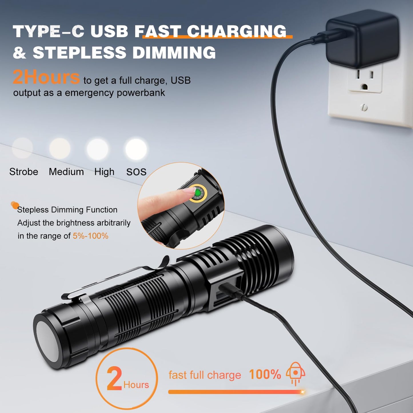 20000 Lumens Rechargeable Tactical Flashlight USB Zoomable