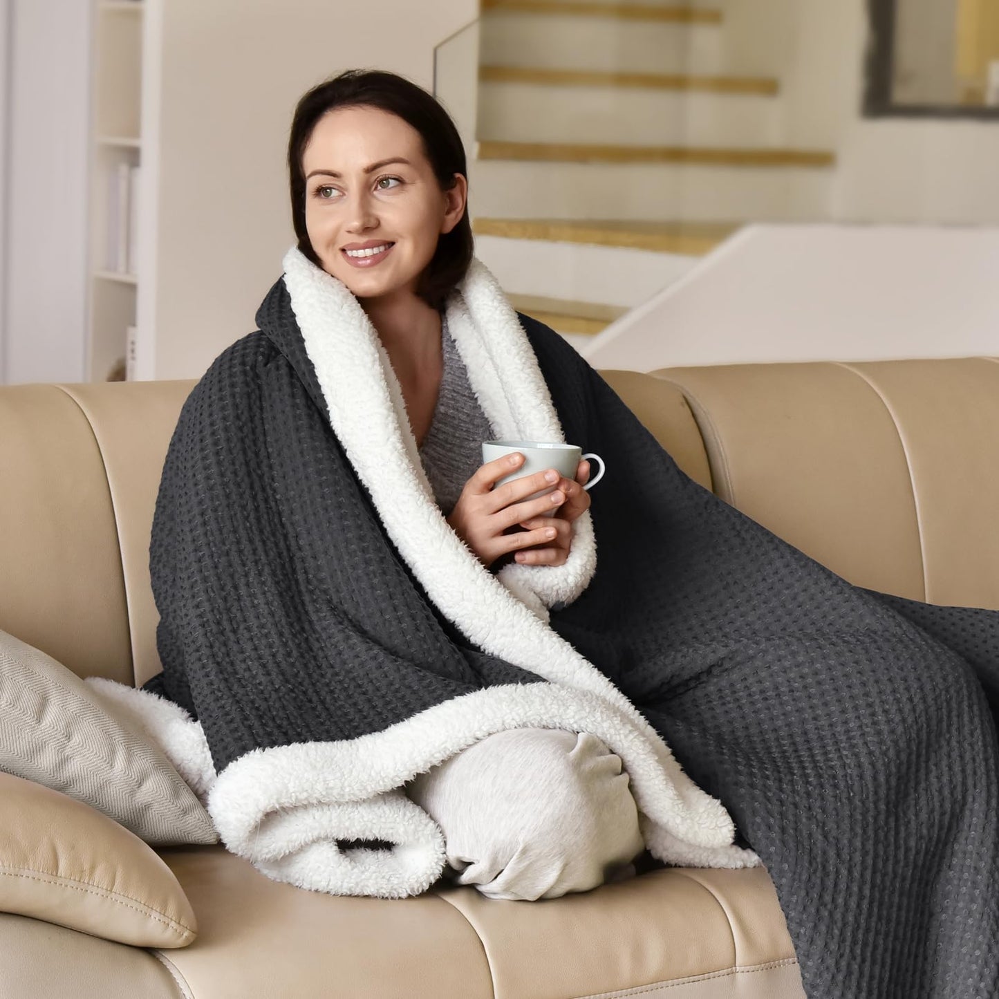 PHF Cozy Waffle Sherpa Throw Blanket 50x60