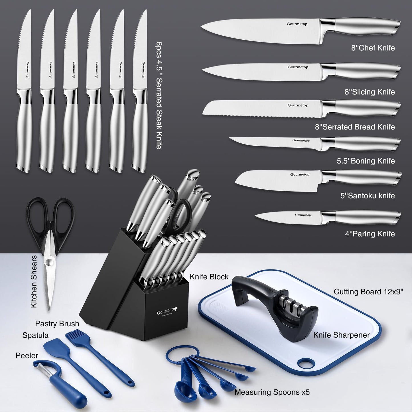 Gourmetop Knife Set, 20 Pcs Kitchen Knife Set with Block, Sharpener, Cutting Board & Essential Gadget. Sharp Stainless Steel Knives Set for Kitchen Cooking, Knife Block Set Dishwasher Safe