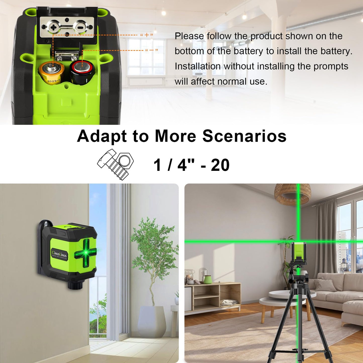 CinusLinus Laser Level with Tripod, CinusLinus 100Ft Laser Level 360° Self Leveling, Green Line leveler Tool for Hanging Pictures, Floor Tile, Home Renovation with Battery, Rotating Stand, 26'' Tripod