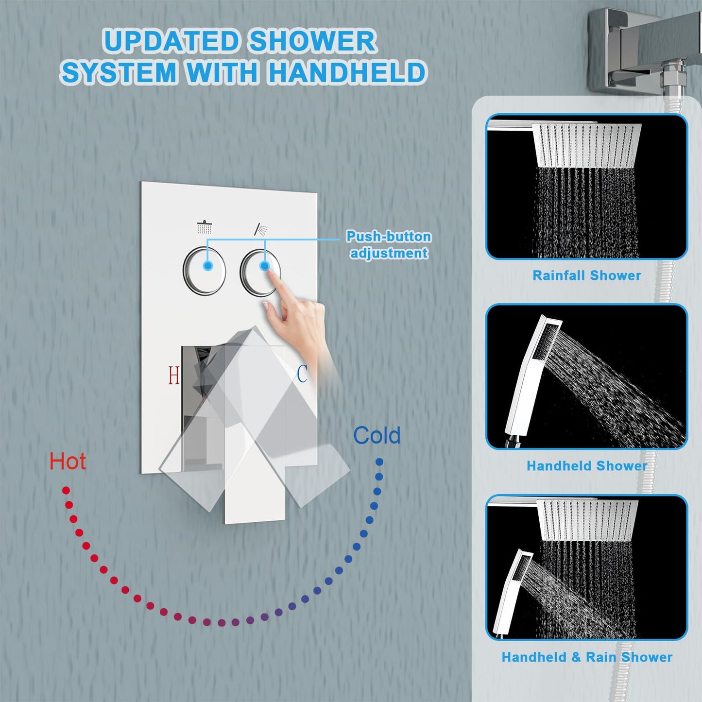 Lordear Shower System 12 Inch Shower Head,Shower Faucet Set Wall Mounted Chrome Finish Stainless Steel Shower Head and Handheld,Button Adjustment,Brass Main Body Shower Valve Included