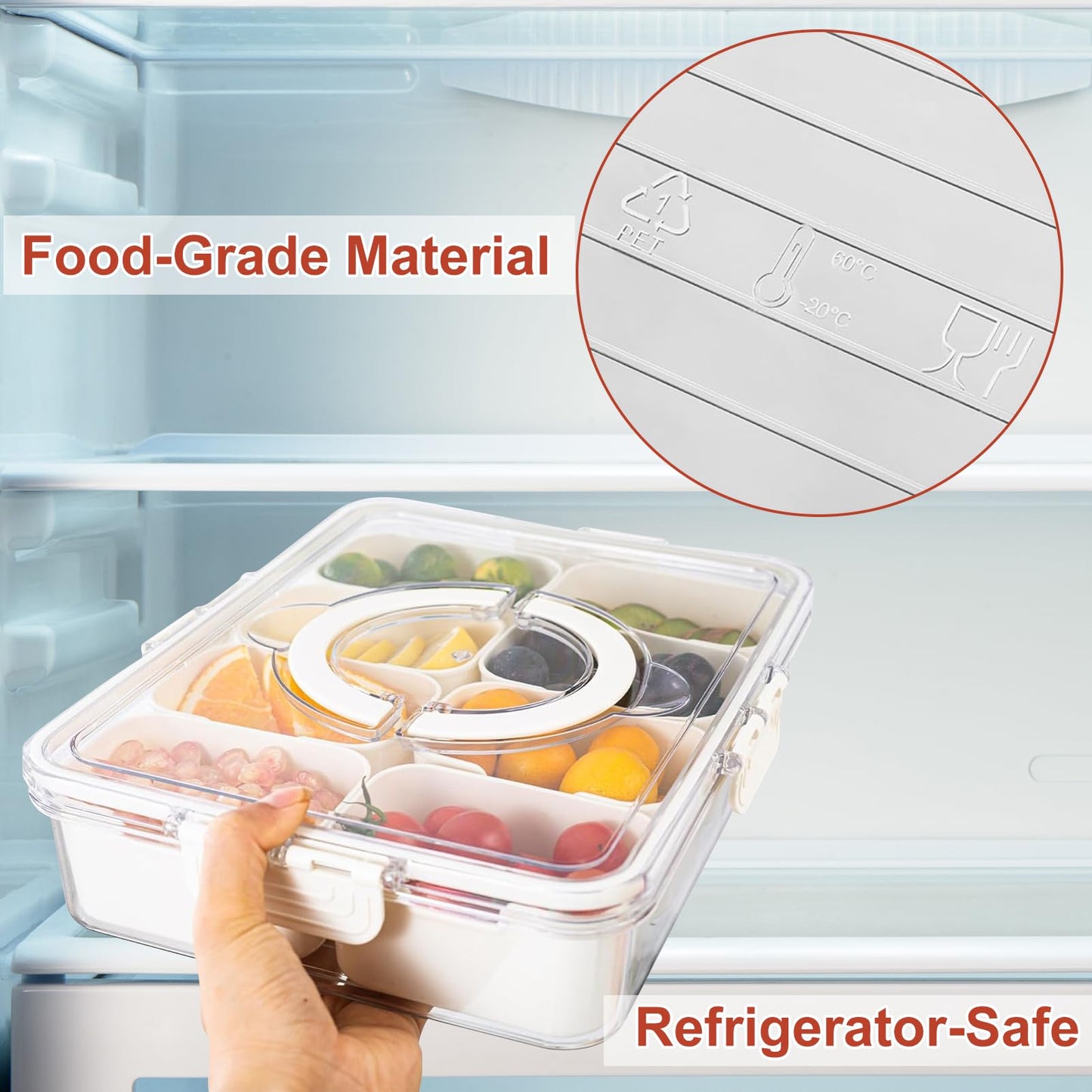 Divided Serving Tray with Lid and Handle, Portable Snackle Box Charcuterie Container with 16 Compartments & 16 Forks, Snack Container for Party, Fruit, Nuts, Candy, Entertaining, Picnic, 2 Pack