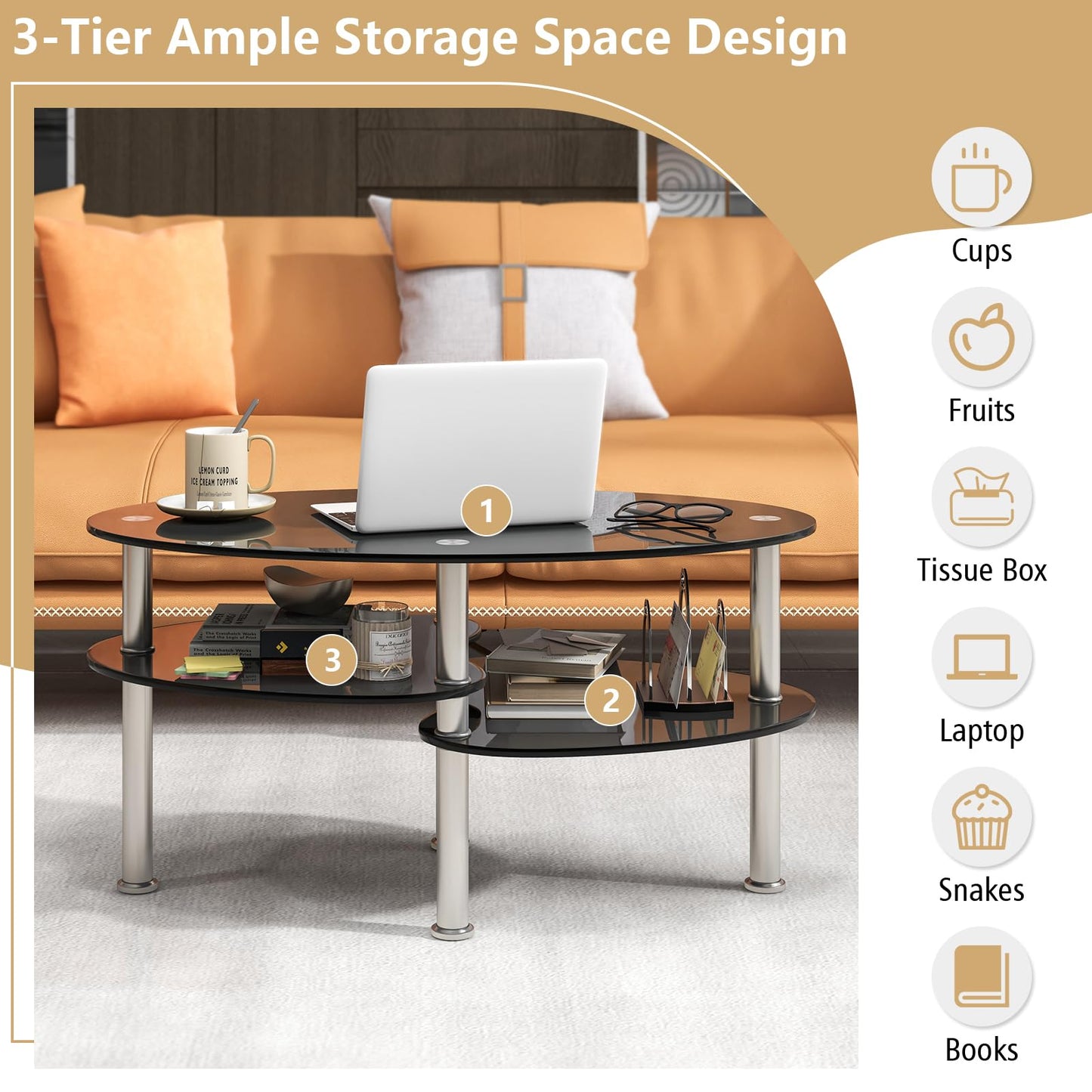 Giantex Oval Glass Coffee Table with Chrome Legs