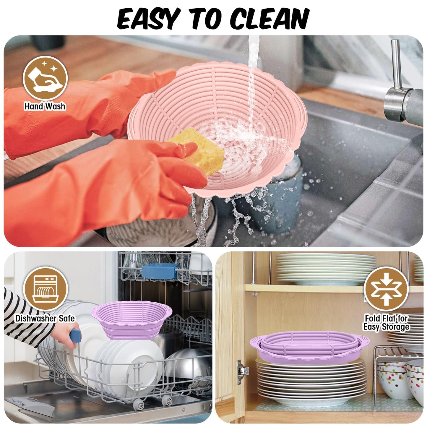 2Pack Bread Proofing Basket Banneton,Silicone Sourdough Bread Baking Baskets,9 Inch Collapsible Proofing Bowl Supplies Set Tool Kit Foldable for Bread Making Sourdough-Beige (Pink+Purple)