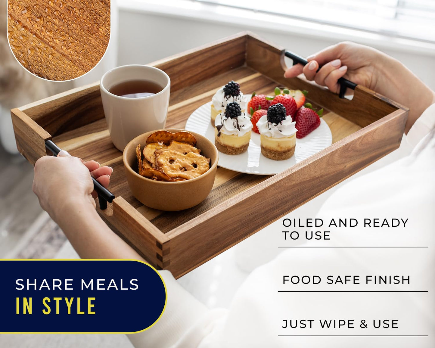 Decorative Acacia Wood Serving Tray with Handles