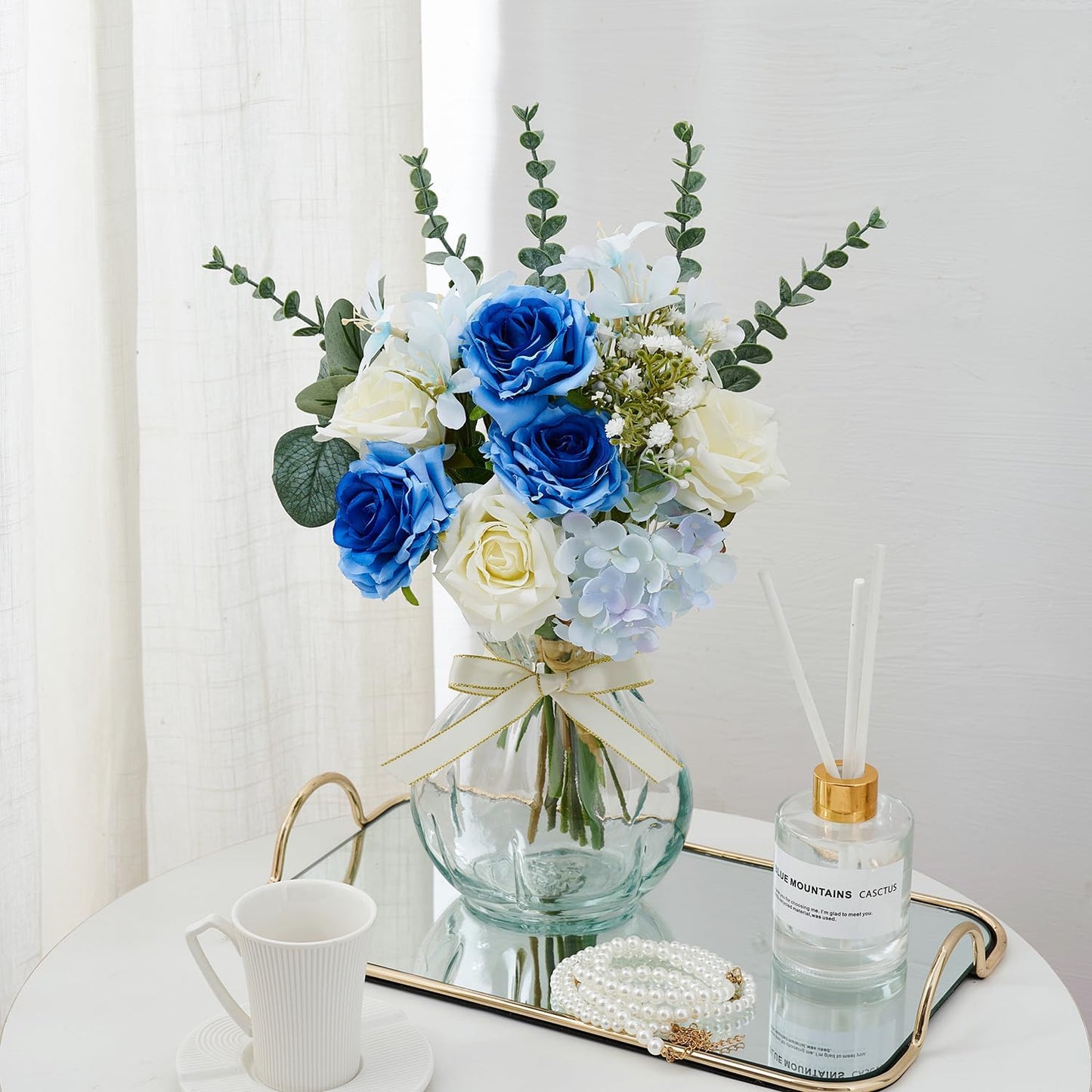 COZZI CODI Fake Flowers Artificial Blue White Roses Flower with Vase, Faux Silk Flowers Plants Decor for Home, Dining Table Decoration, Bathroom Decor, Living Room Coffee Table Decor