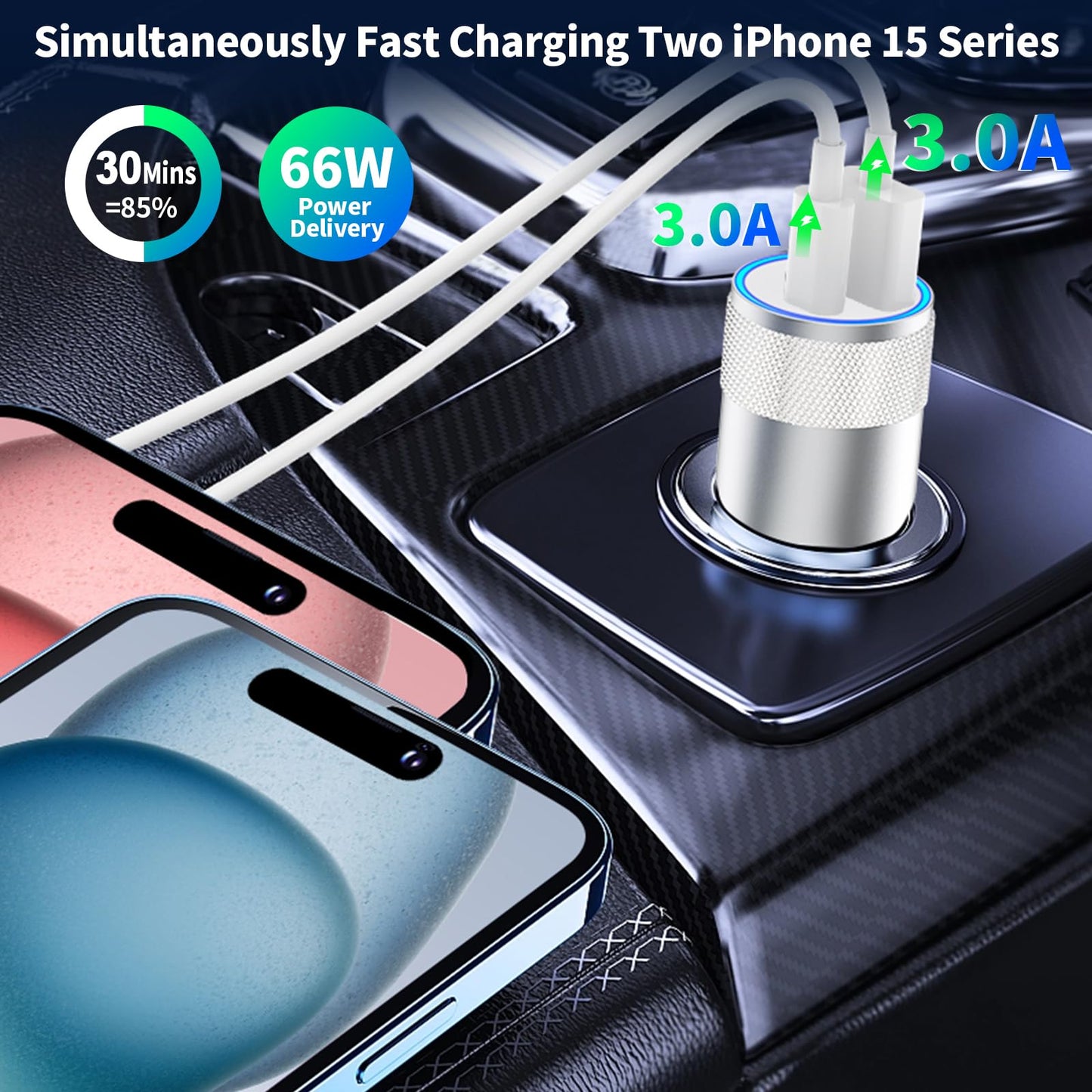 iPhone 16 Fast Car Charger with 2 USB-C Cables