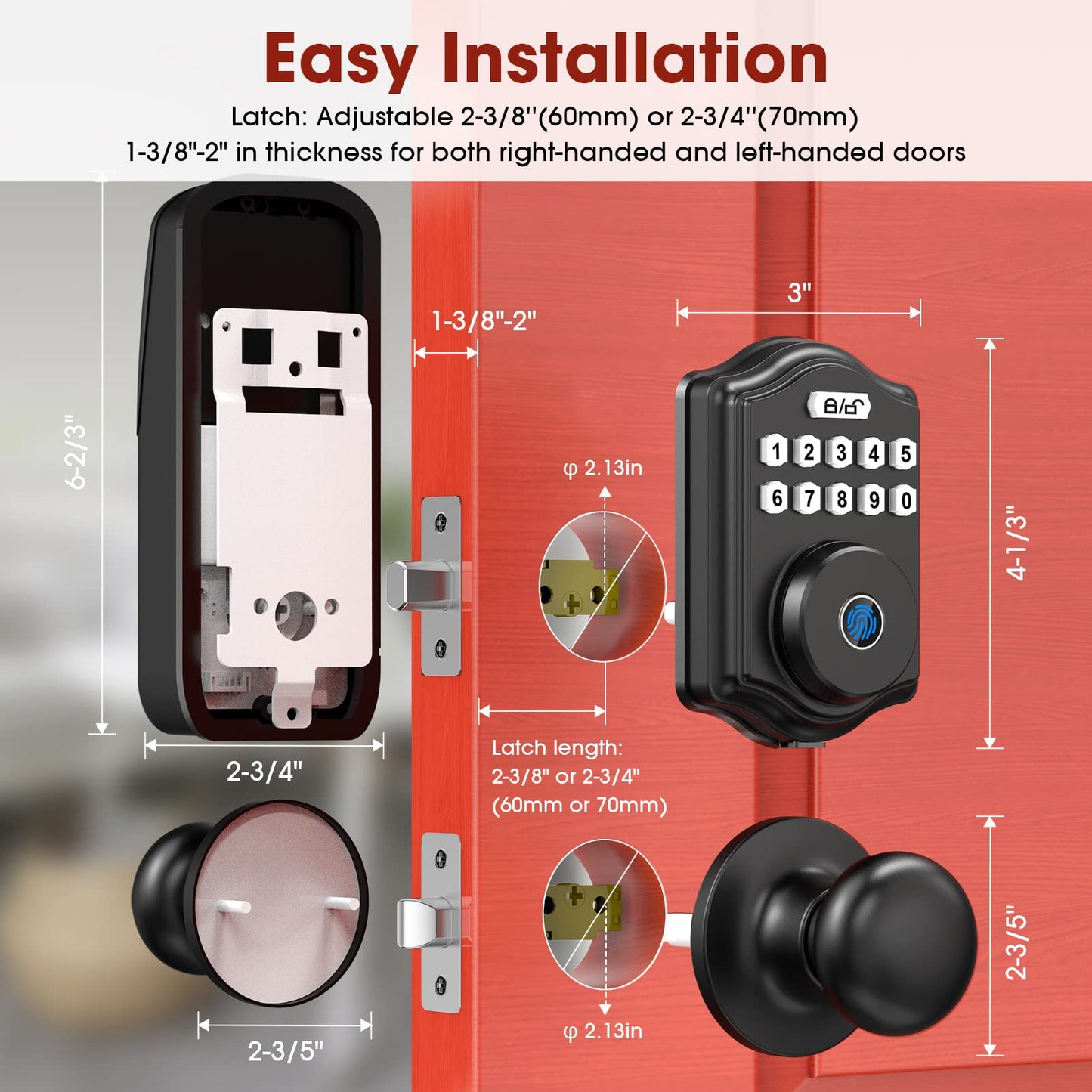 Fingerprint Deadbolt Lock for Door, Keypad Deadbolt Front Door Lock Set with Passage Door Knob, Digital Electronic Door Lock with Code/Fingerprint/Key, IP65 Auto-Lock Door Locks for Front Door