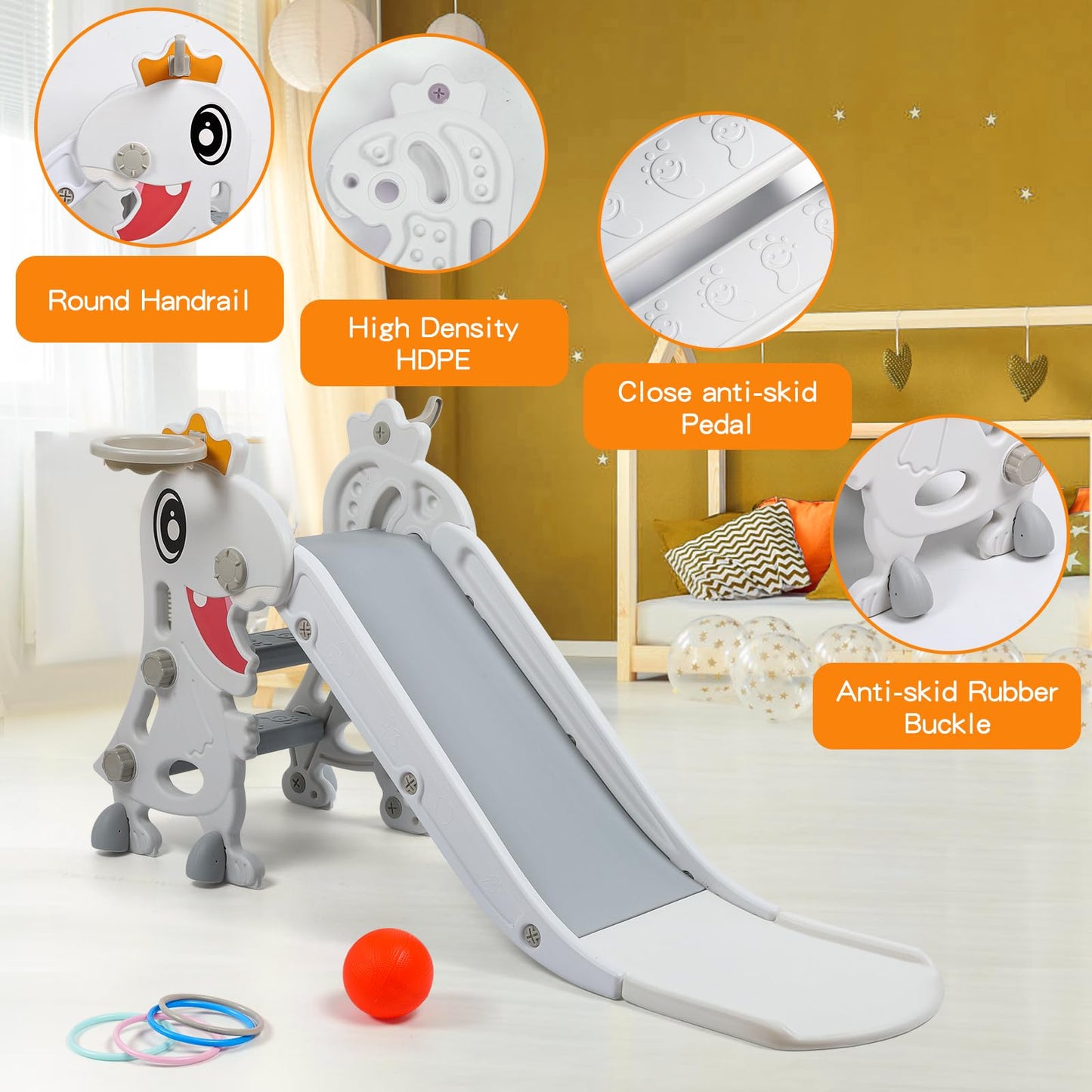 BFAZKXY Indoor Slide for Toddlers 1-3, Foldable Kids Toddler Indoor Slide Playset, Indoor and Outdoor Playground, Toddler Climber Playset with Basketball Hoop and Ring Toss(White)