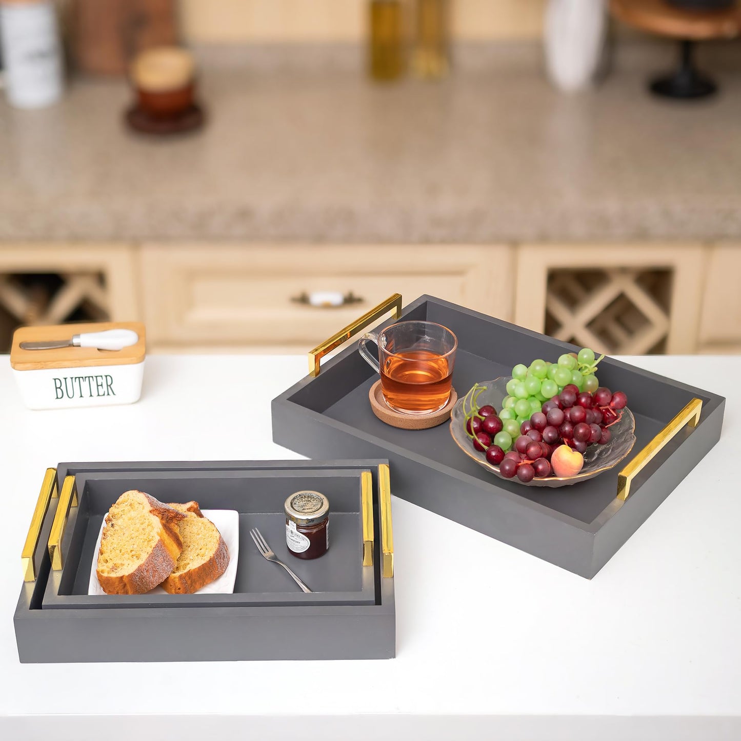 Hanobe Grey Decorative Trays for Coffee Table MDF Large Ottoman Tray for Living Room Bathroom Coffee Bar Decor Modern Tray with Gold Handles (Gray, 3)