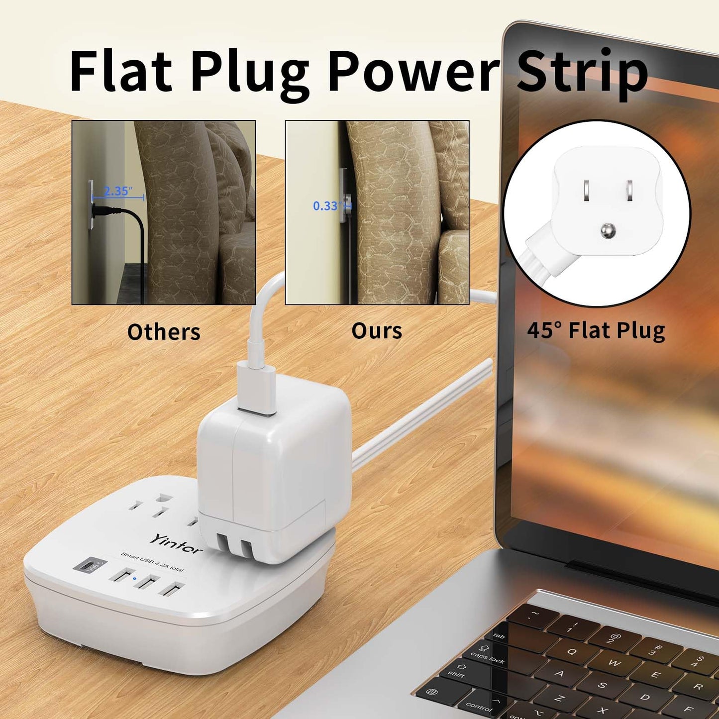 6 Ft Flat Extension Cord with 3 Outlets & USB