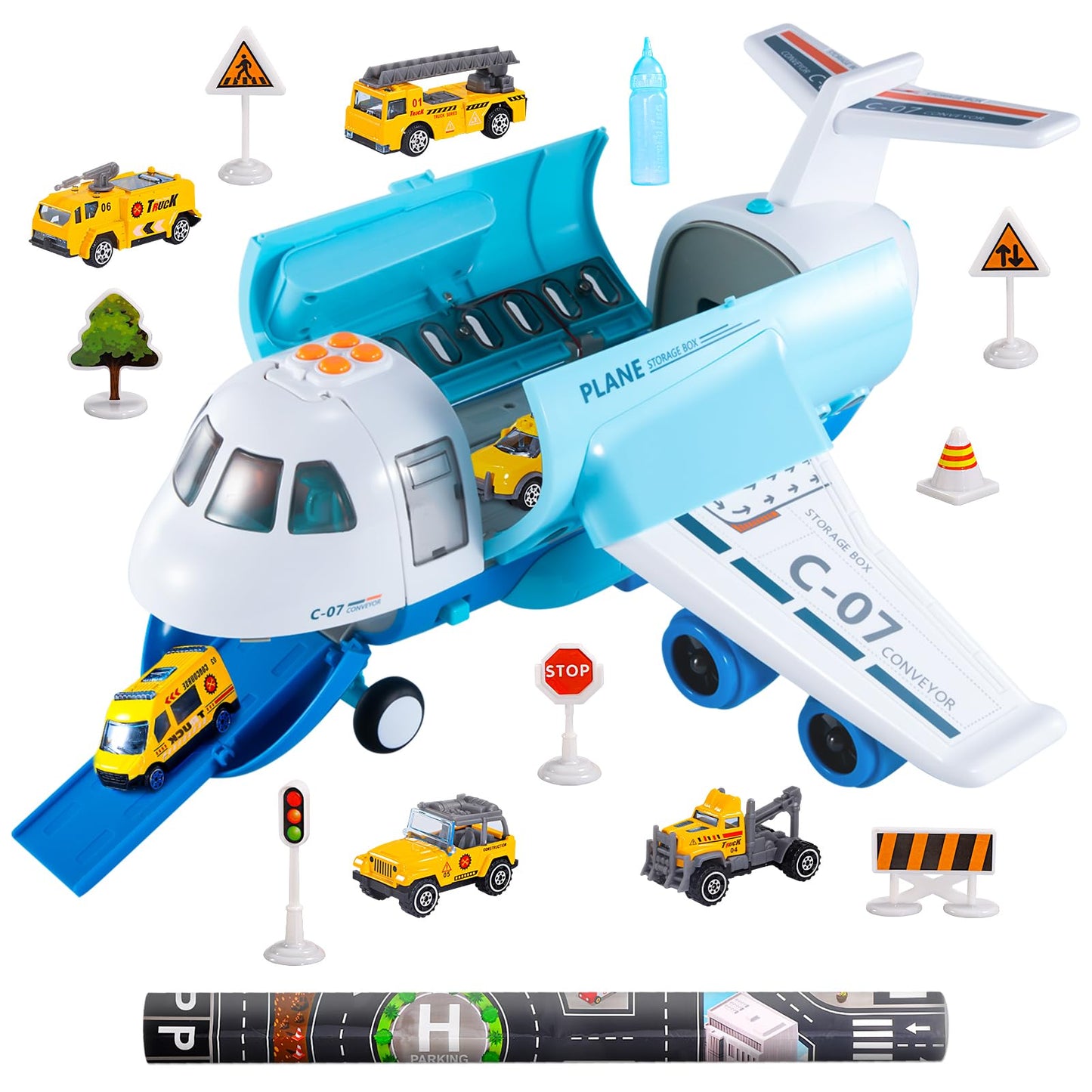 Bennol Spray Airplane Toys for Boys, Large Transport Cargo Airplane with 6 Construction Vehicle 10 Road Signs 1 Play Mat with Lights Sounds, Christmas Birthday Gifts for 3 4 5 6 7 8 Year Olds Boys