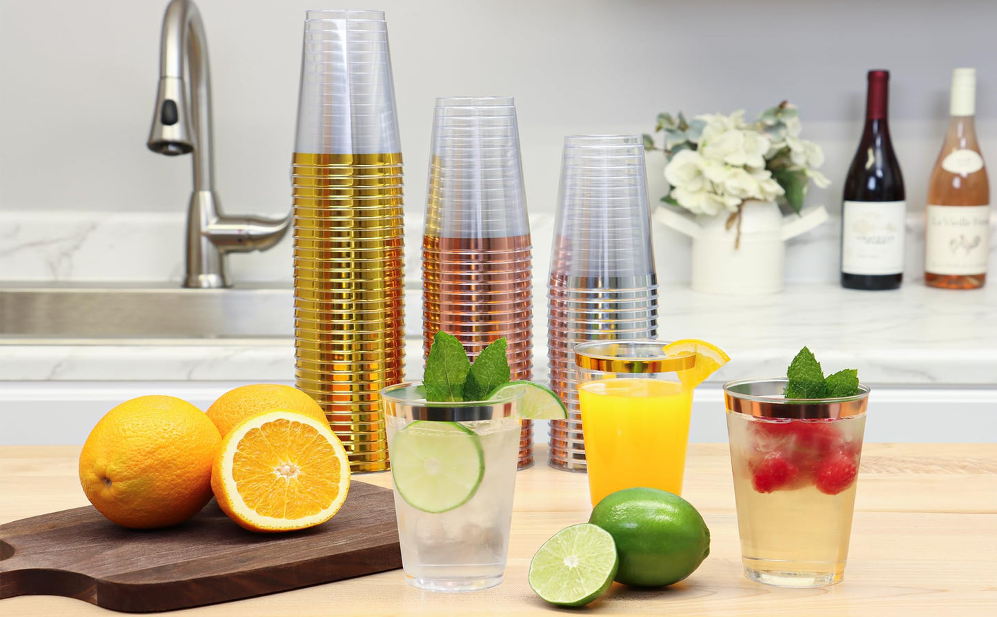 By Madee HEAVYWEIGHT 100 Pack 12 Oz Clear and Gold Rimmed Plastic Cups | Thanksgiving Cups Disposable | Elegant Gold Plastic Cups for Party